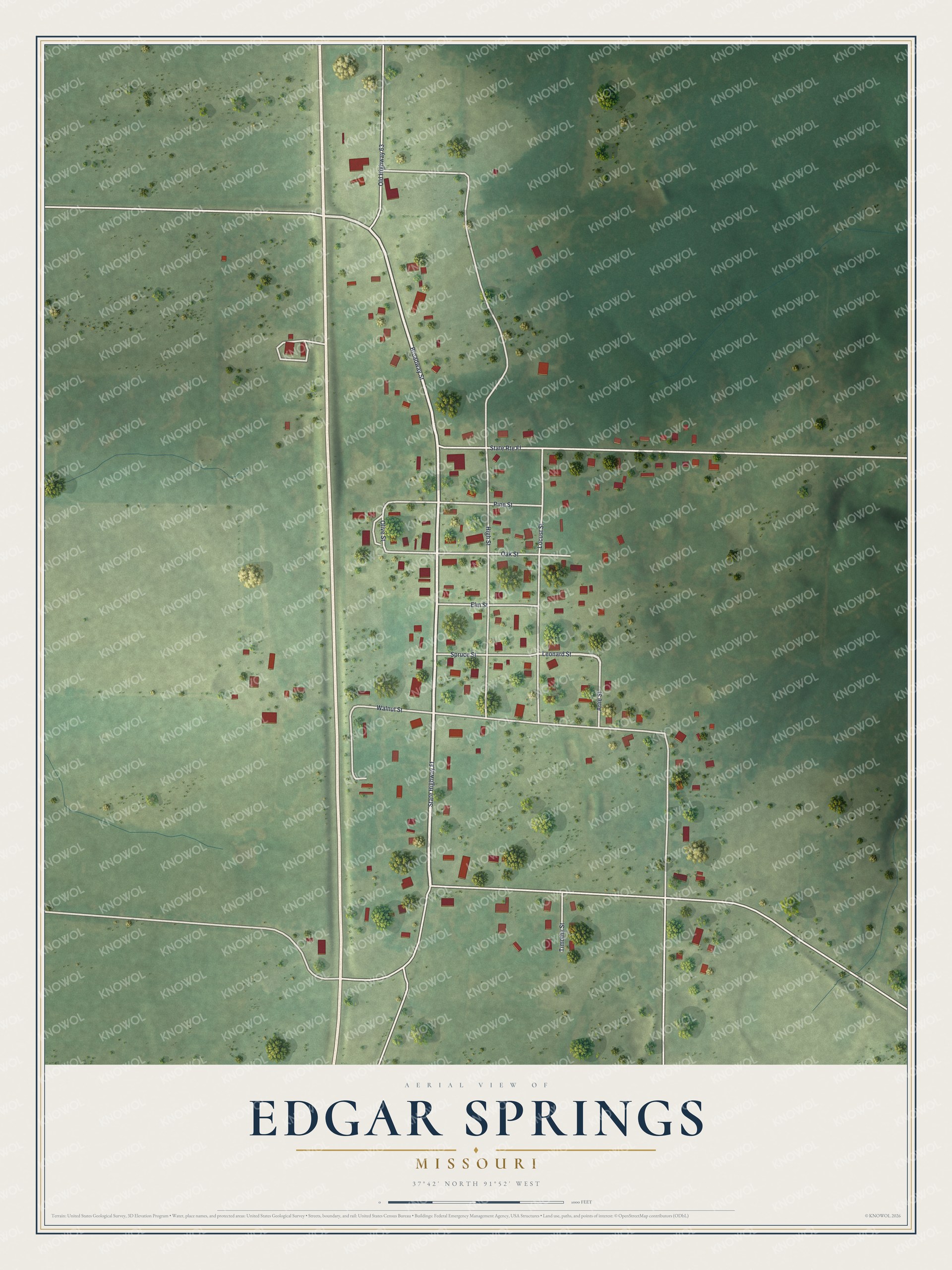 Full map of Edgar Springs, Missouri, with red buildings, printed street names and the land around them