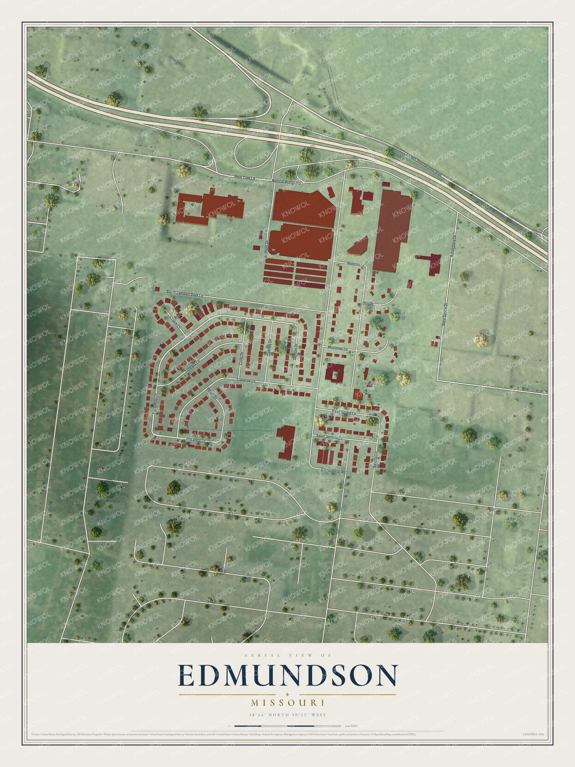 Full map of Edmundson, Missouri, with red buildings, printed street names and the land around them