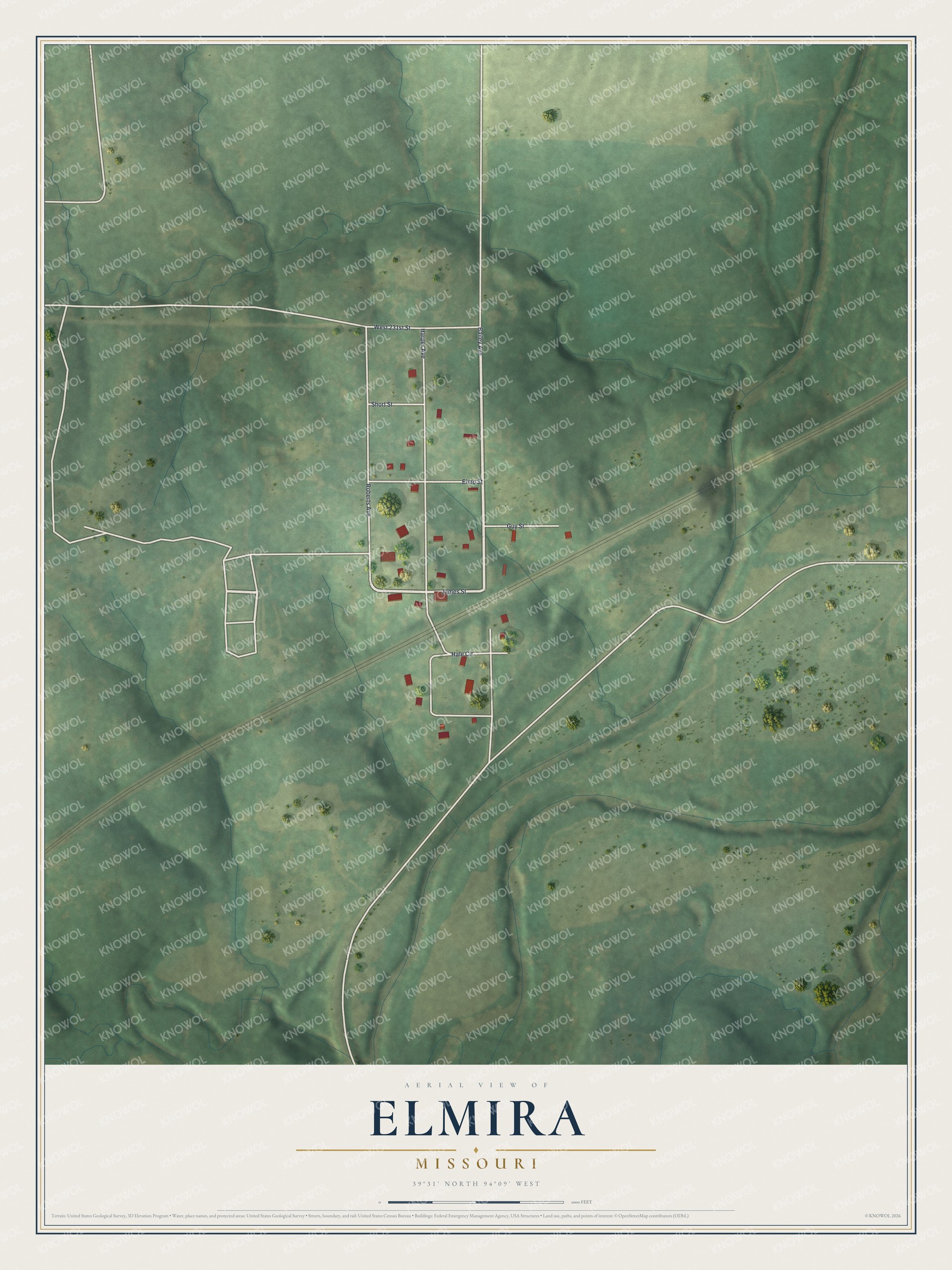 Full map of Elmira, Missouri, with red buildings, printed street names and the land around them