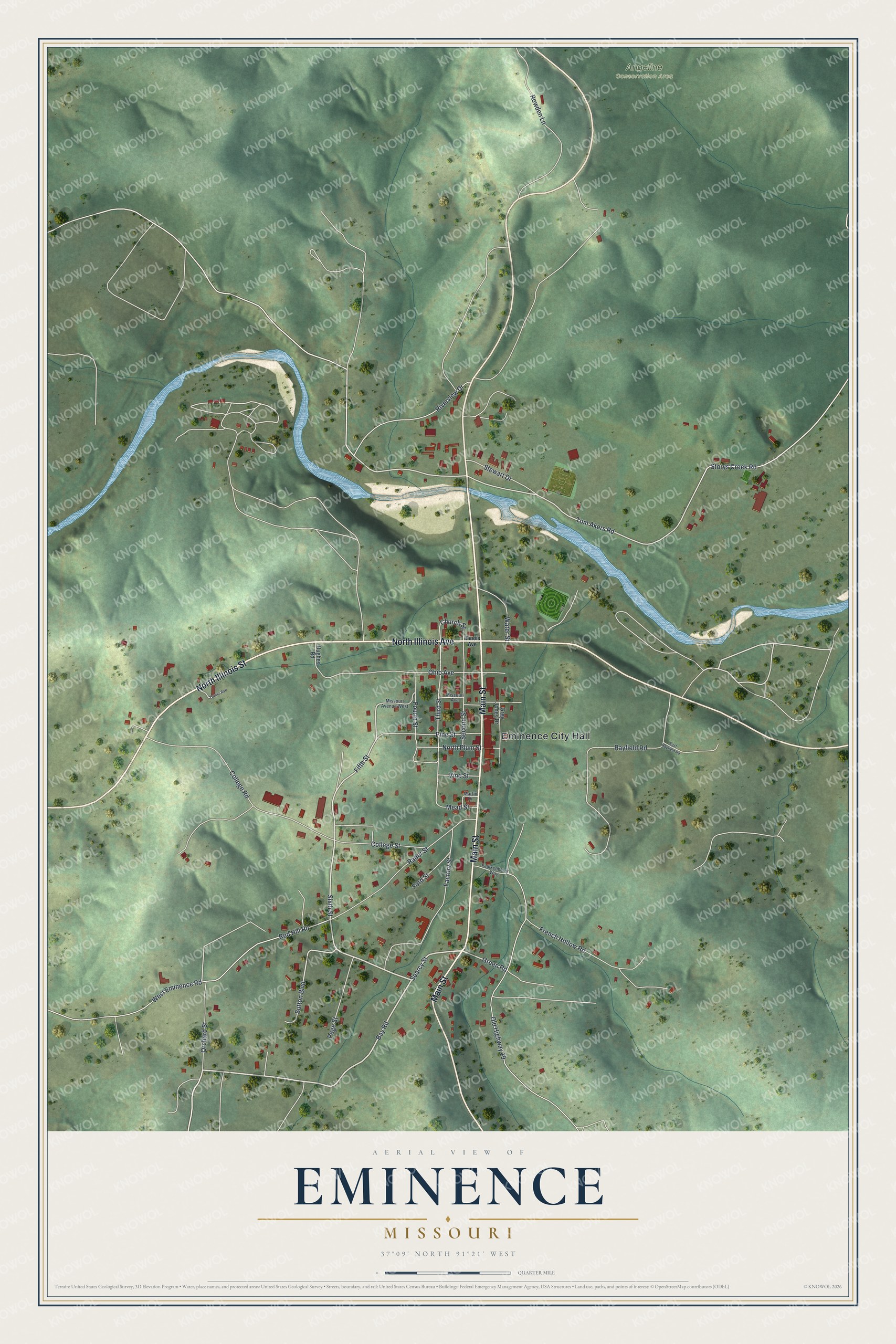 Full map of Eminence, Missouri, with red buildings, printed street names and the land around them