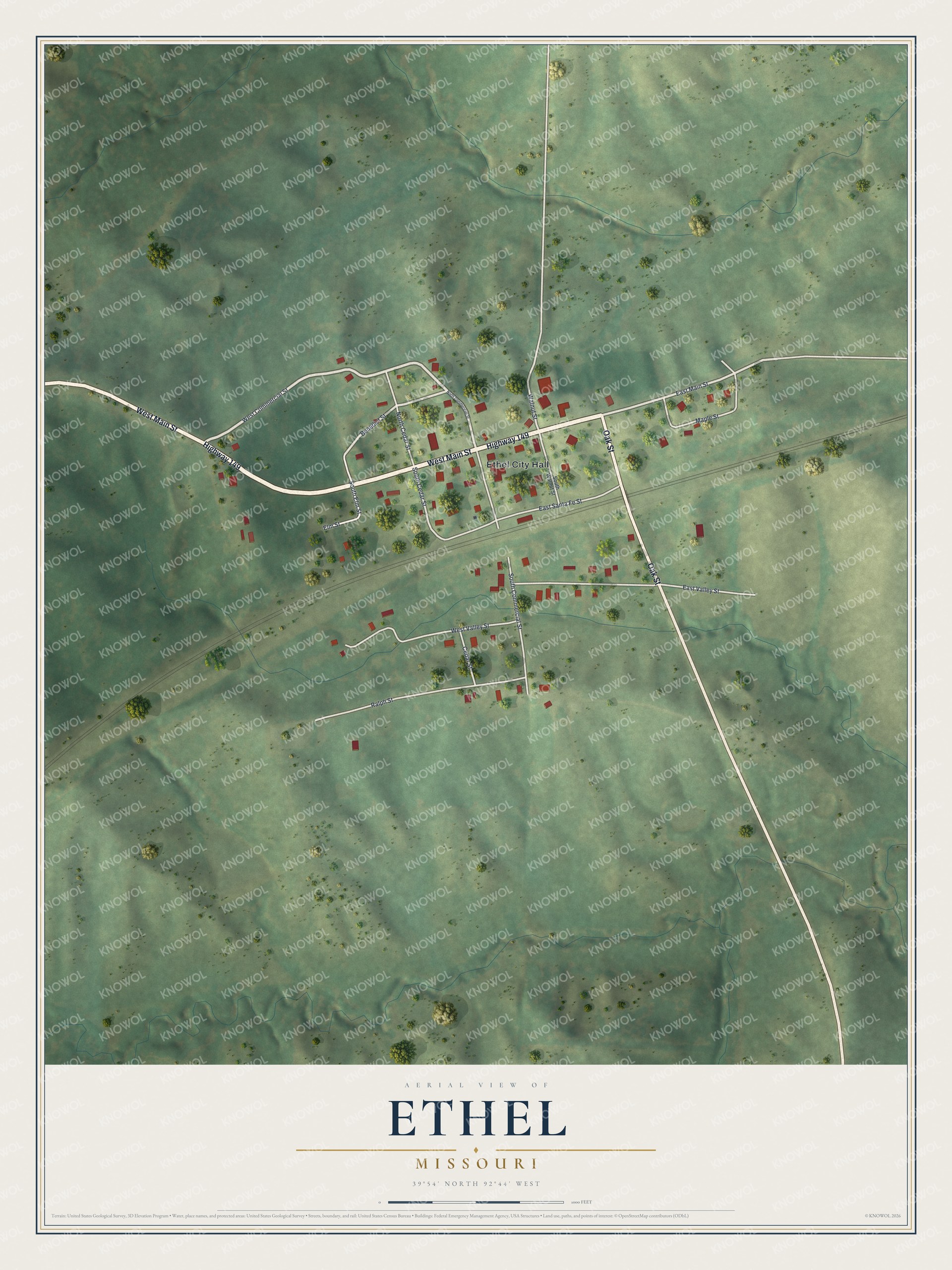 Full map of Ethel, Missouri, with red buildings, printed street names and the land around them