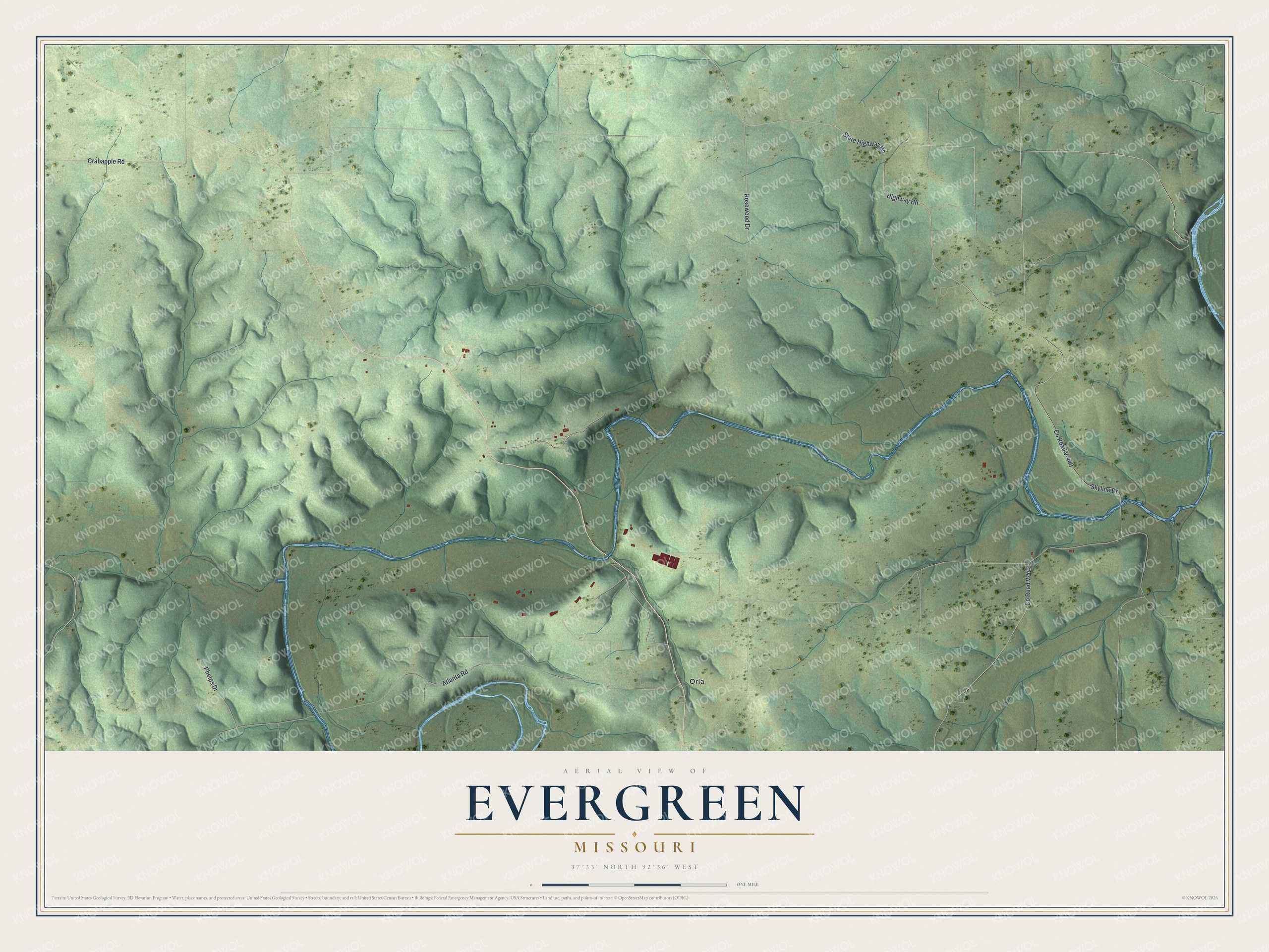 Full map of Evergreen, Missouri, with red buildings, printed street names and the land around them