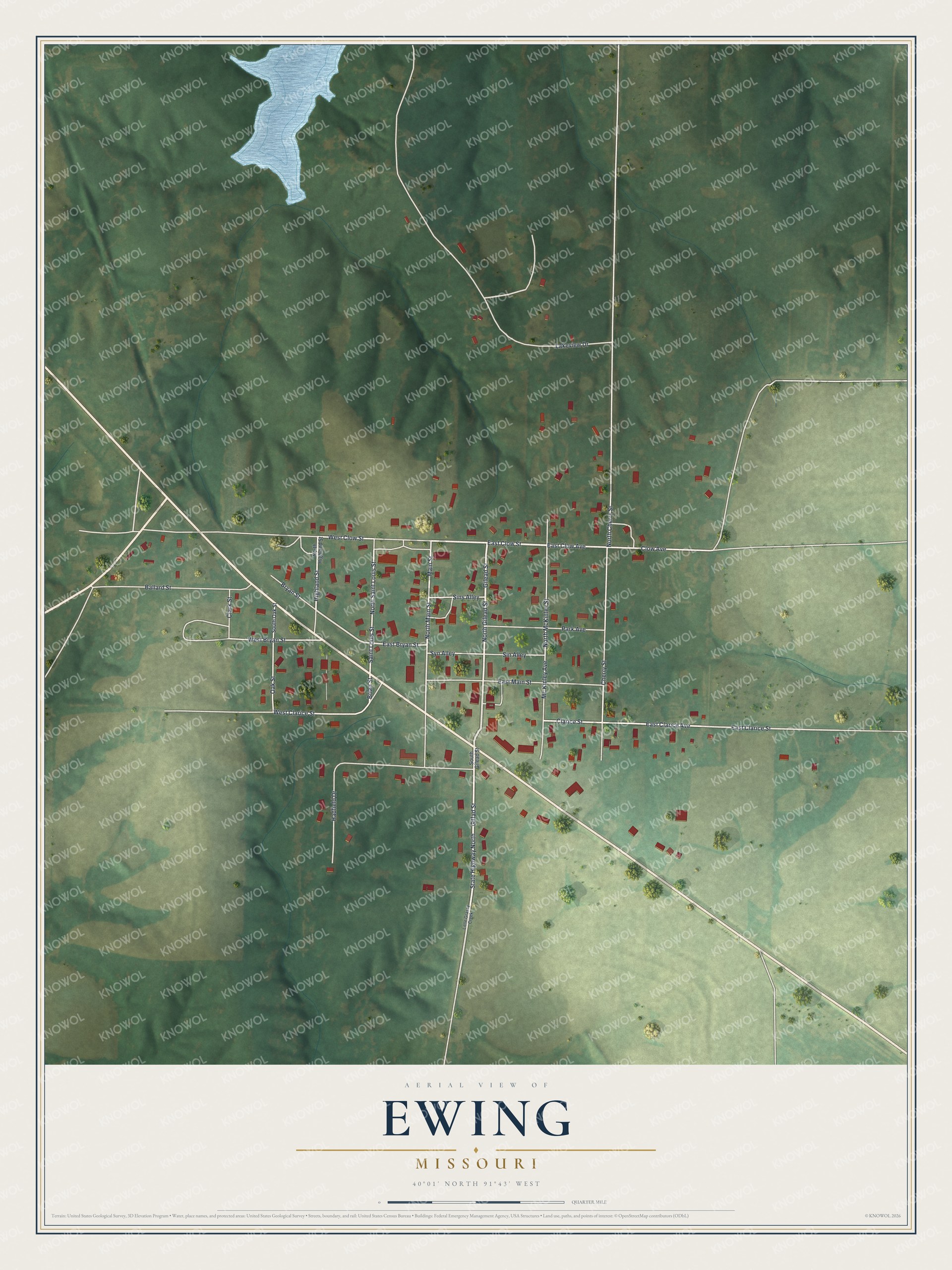 Full map of Ewing, Missouri, with red buildings, printed street names and the land around them