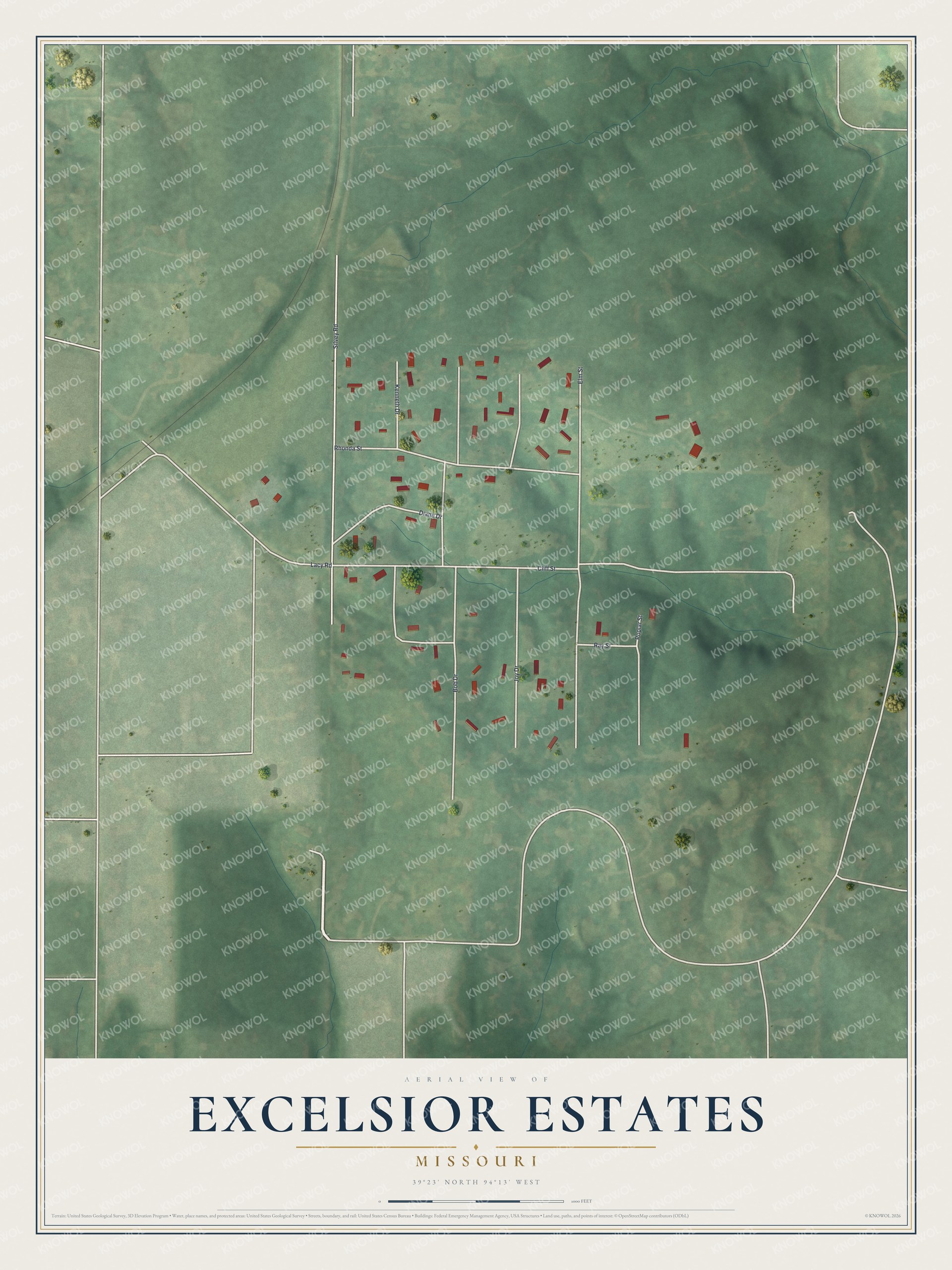 Full map of Excelsior Estates, Missouri, with red buildings, printed street names and the land around them