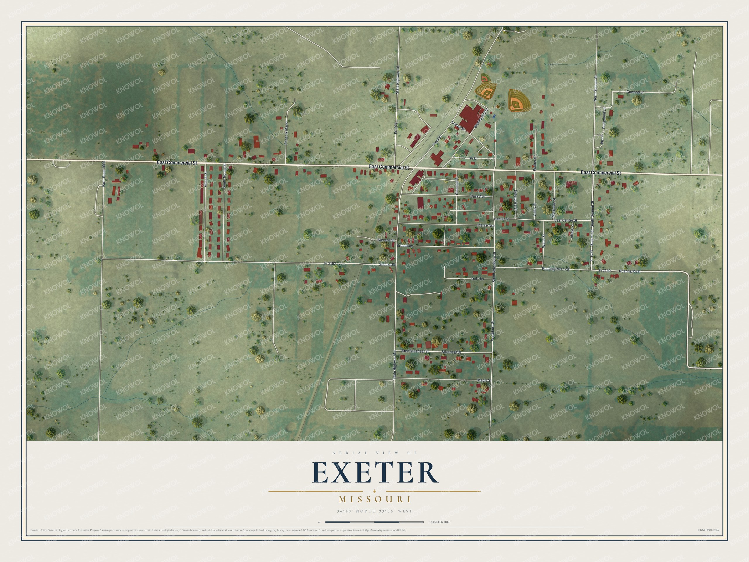 Full map of Exeter, Missouri, with red buildings, printed street names and the land around them