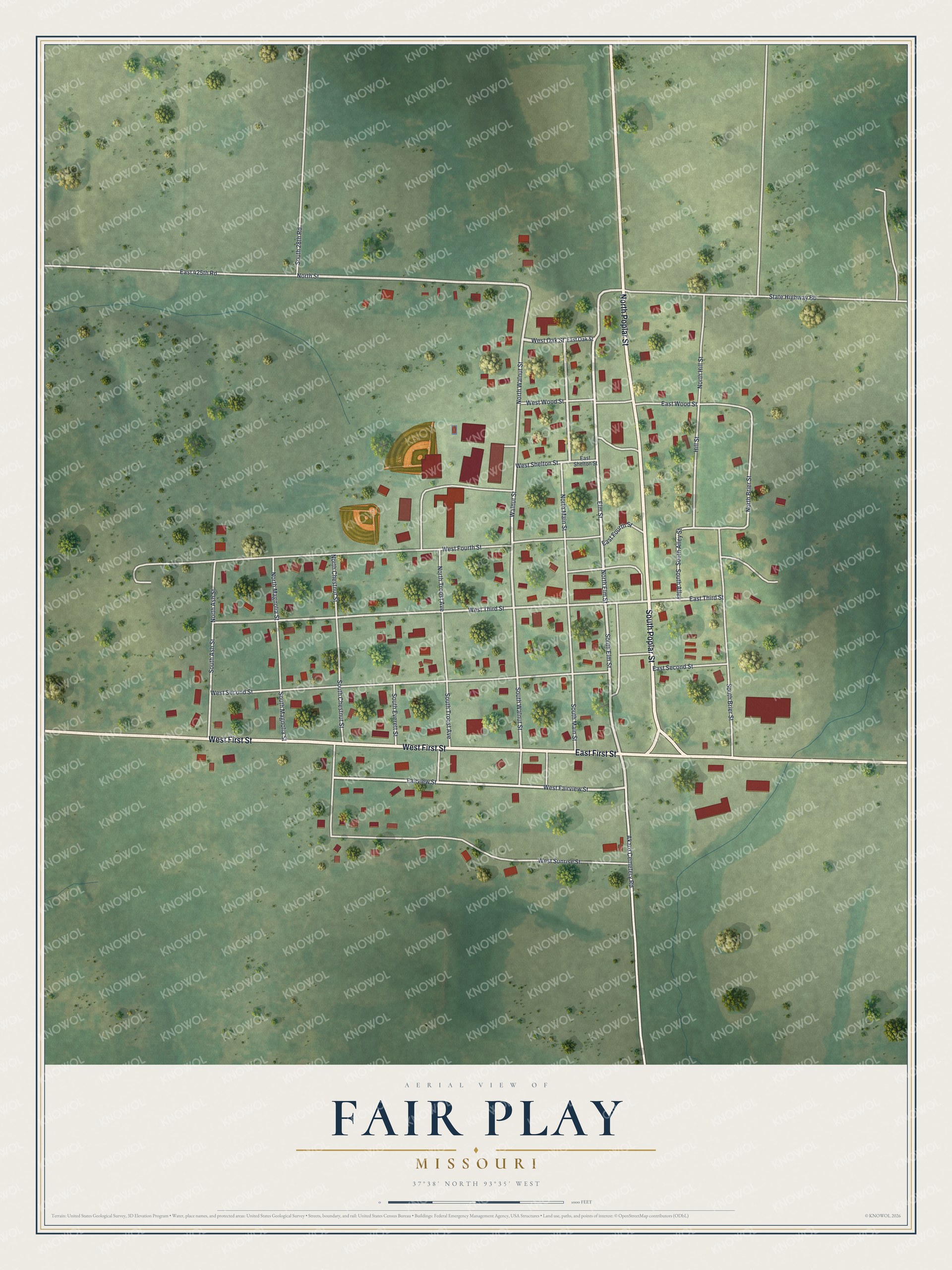 Full map of Fair Play, Missouri, with red buildings, printed street names and the land around them