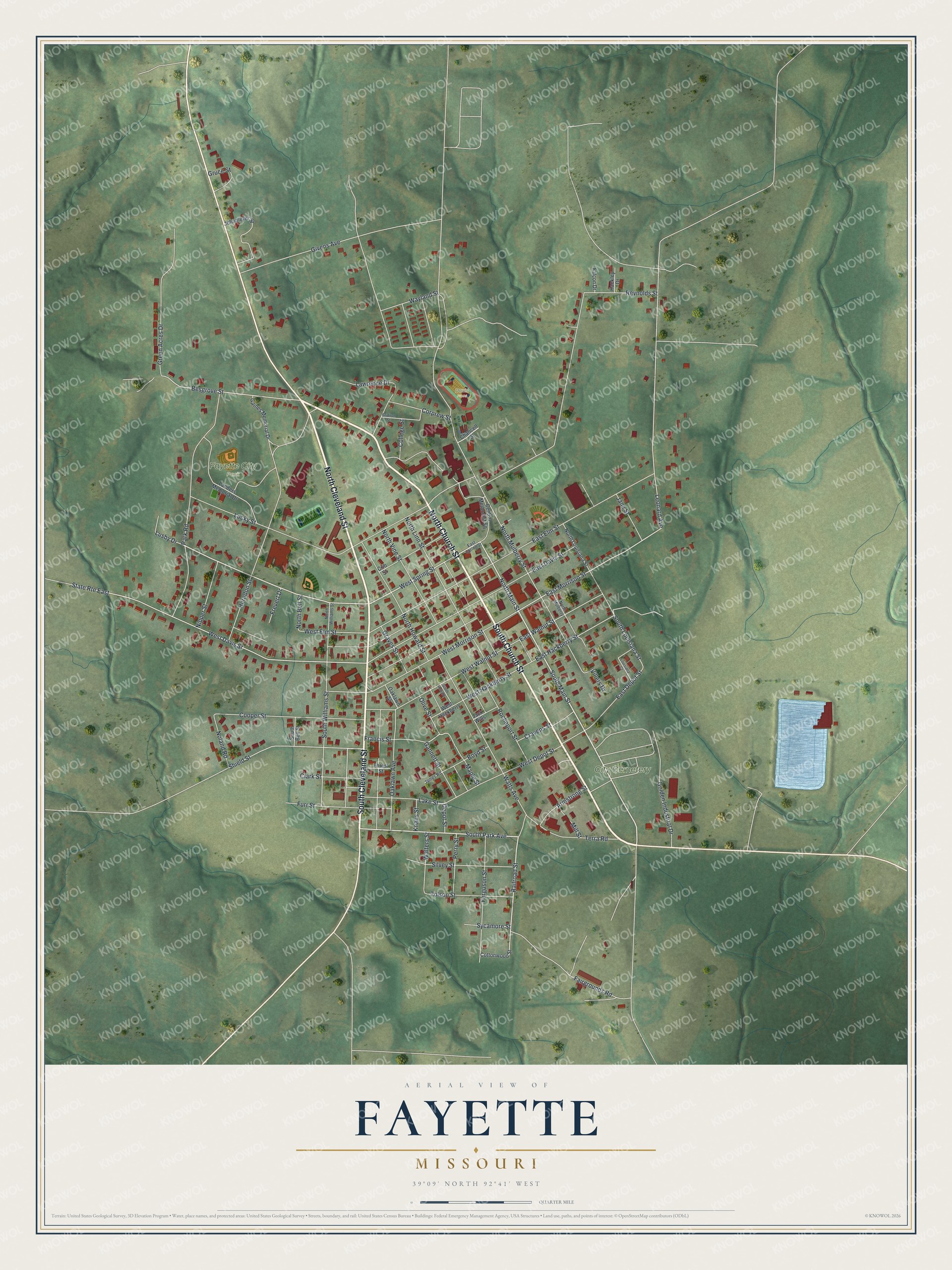 Full map of Fayette, Missouri, with red buildings, printed street names and the land around them