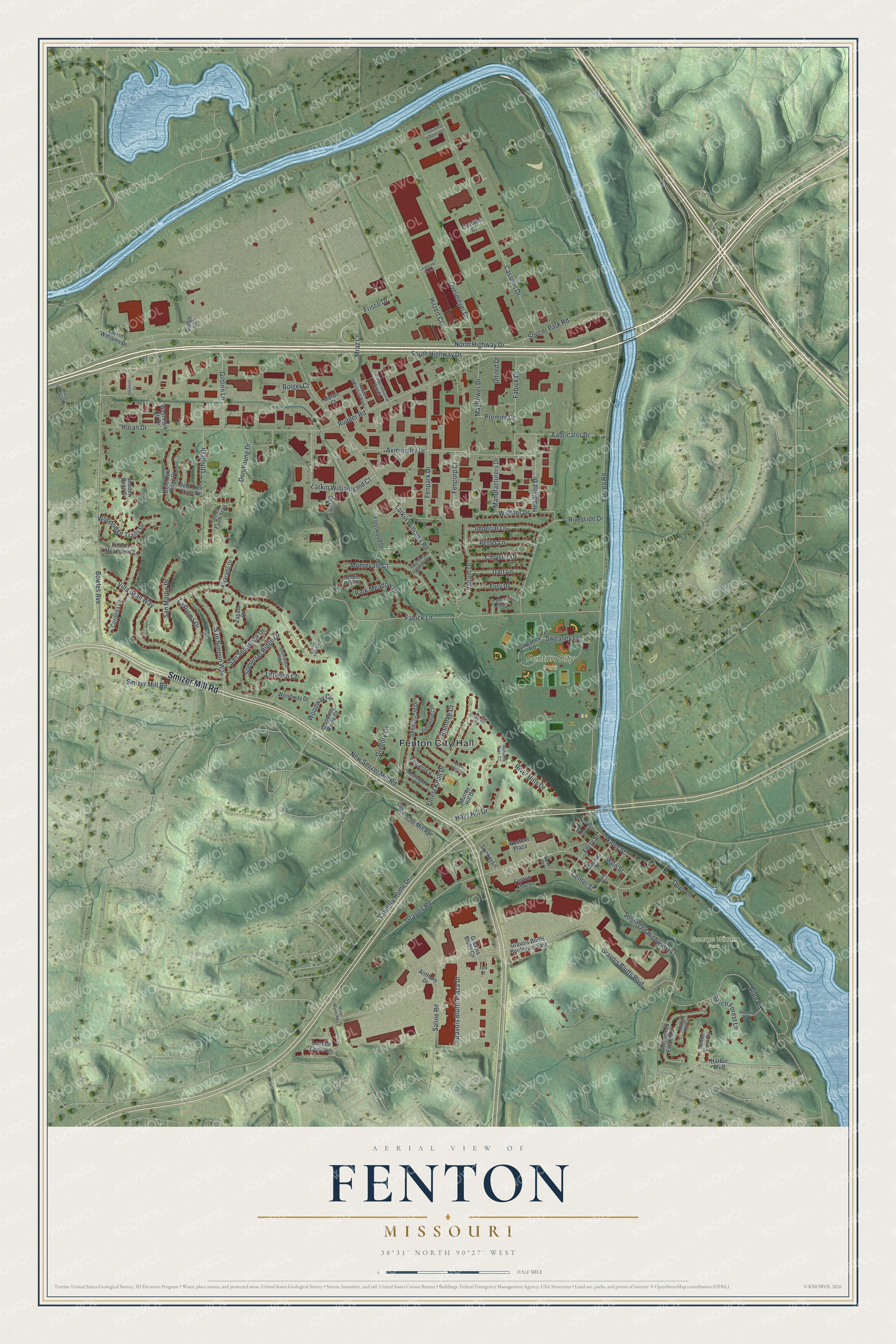 Full Fenton, Missouri map with red buildings, green hills, a winding blue river, and a cream title panel
