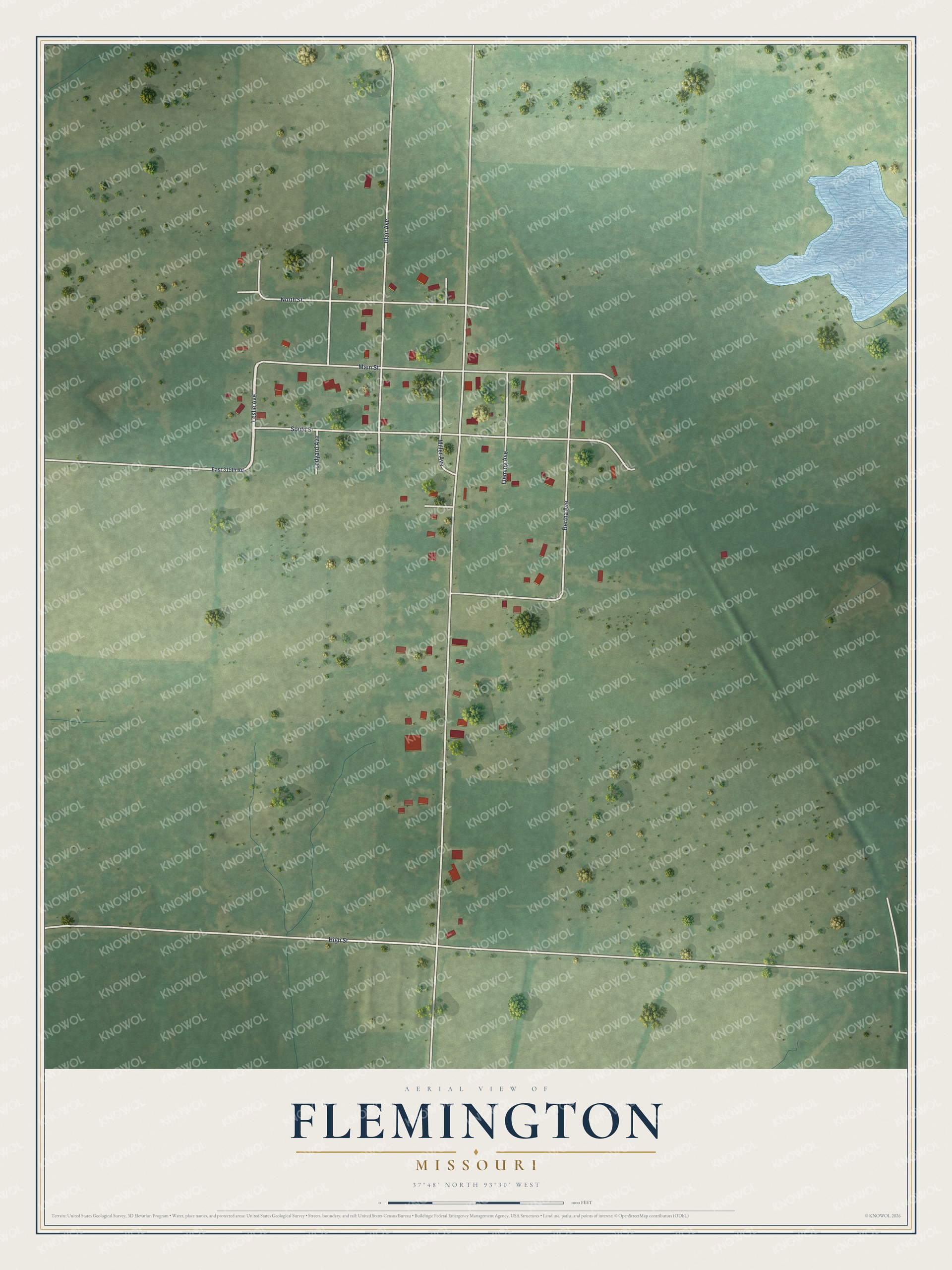 Full map of Flemington, Missouri, with red buildings, printed street names and the land around them