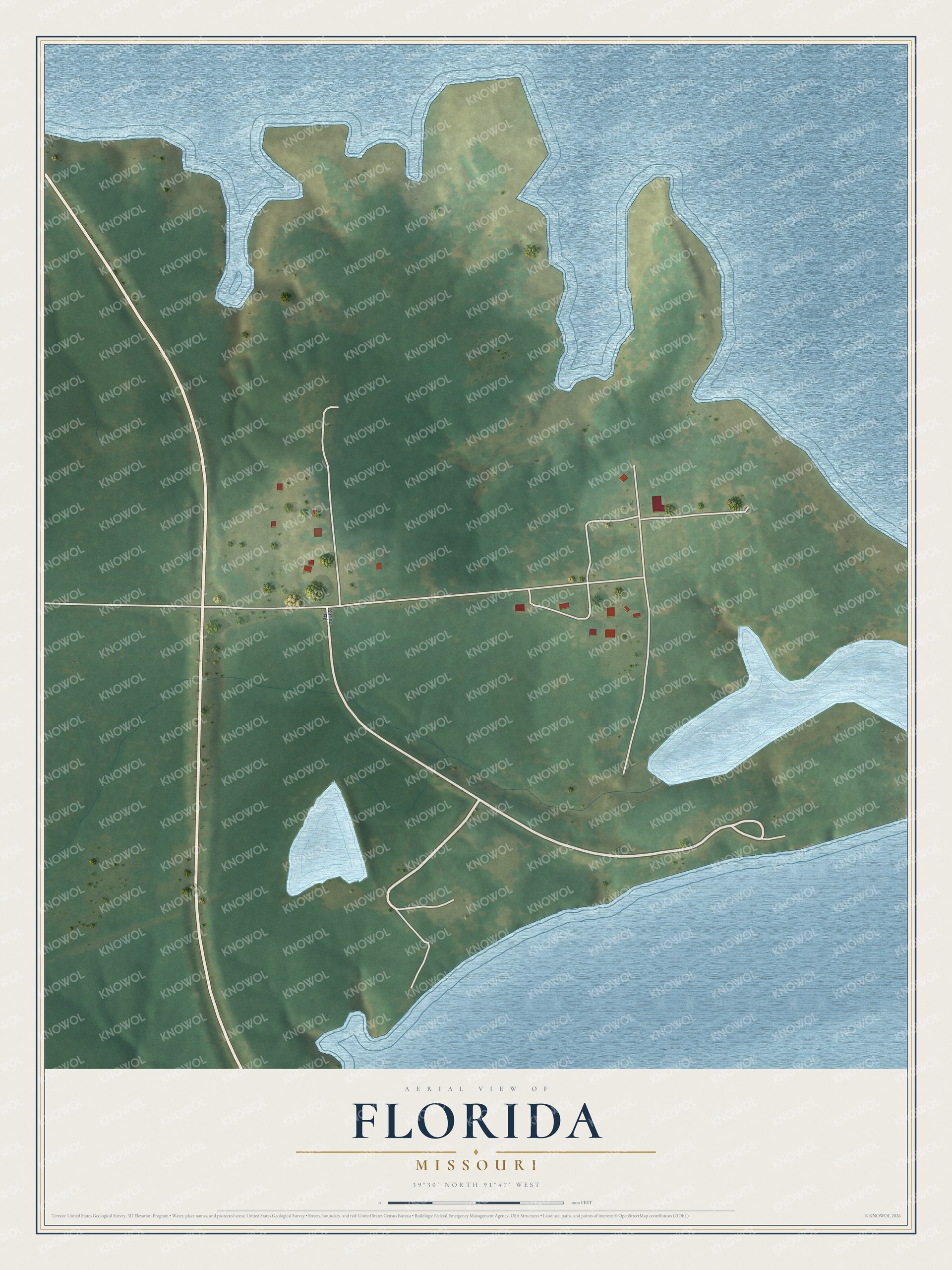 Aerial view map of Florida, Missouri with green hills, pale roads, small red buildings and wide blue water on three sides