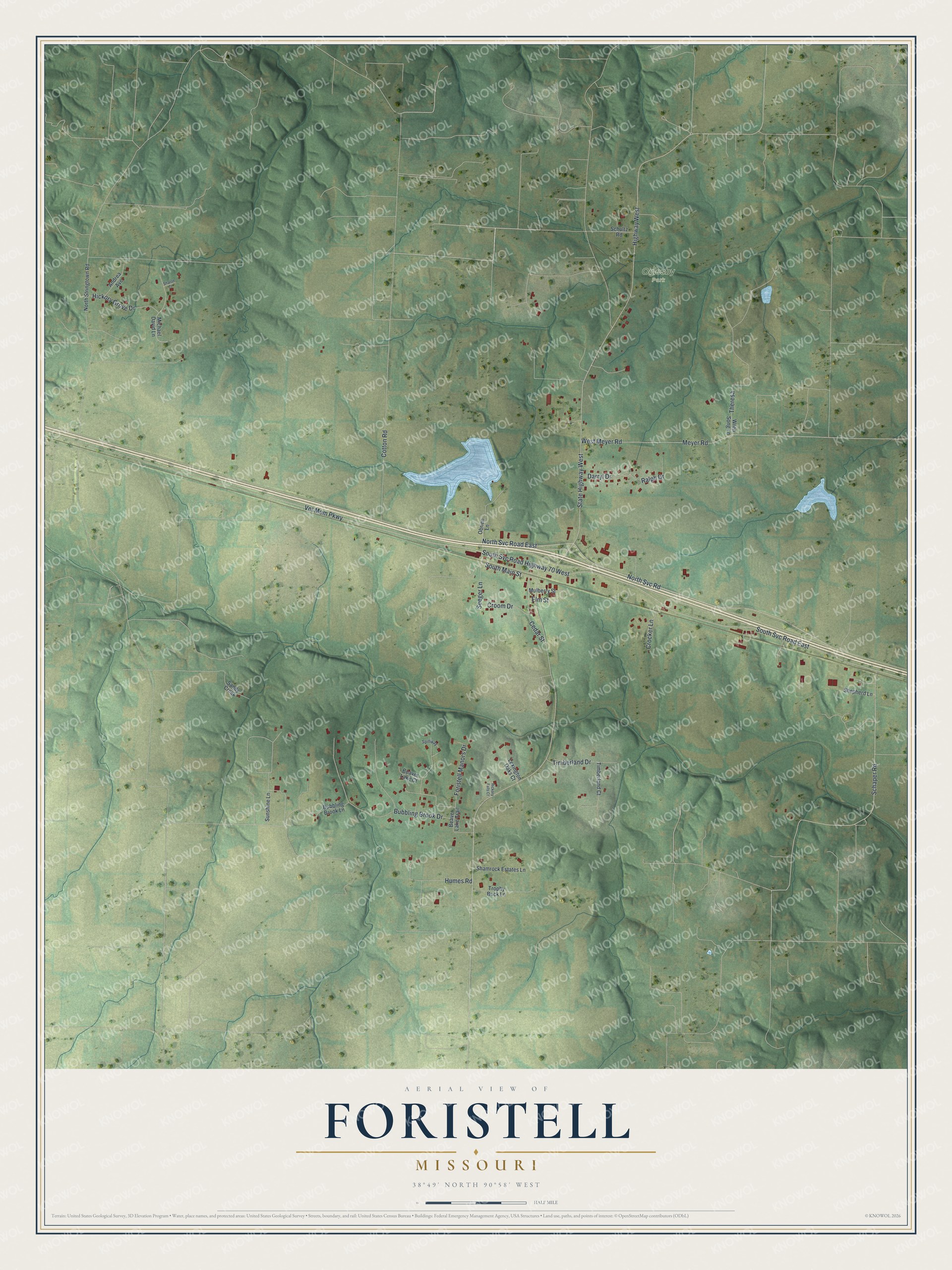 Full map of Foristell, Missouri, with red buildings, printed street names and the land around them
