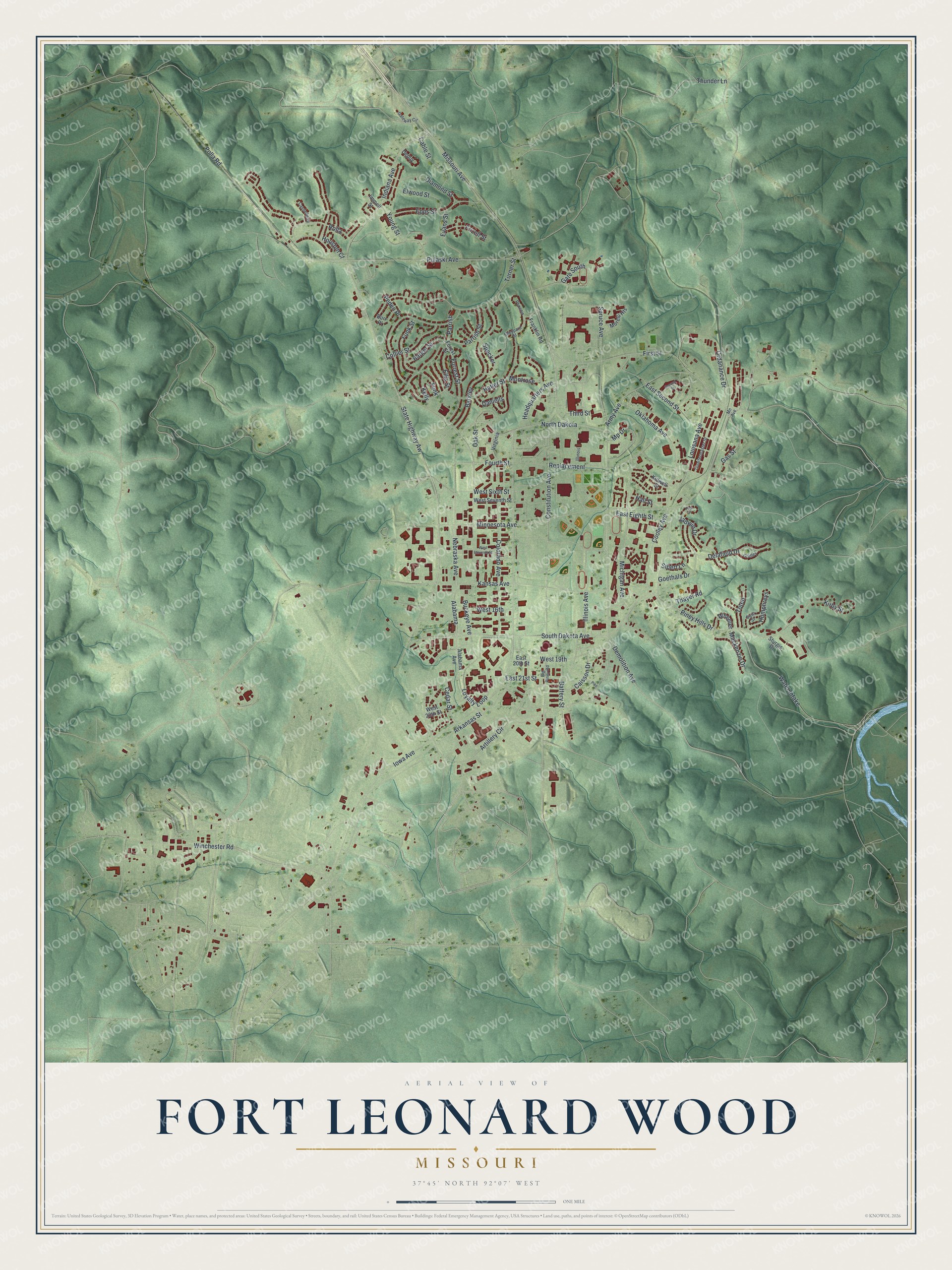 Full map of Fort Leonard Wood, Missouri, with red buildings, printed street names and the land around them