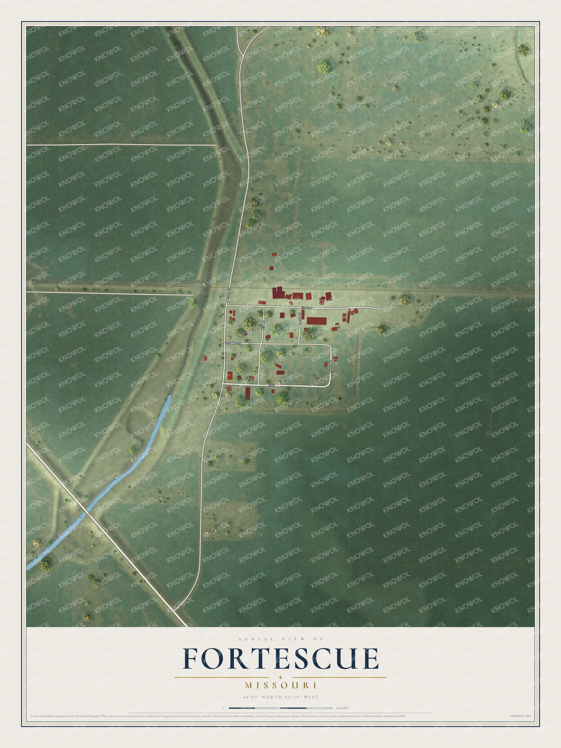 Aerial map of Fortescue, Missouri, showing a small street grid and red buildings beside a rail line amid green farm fields