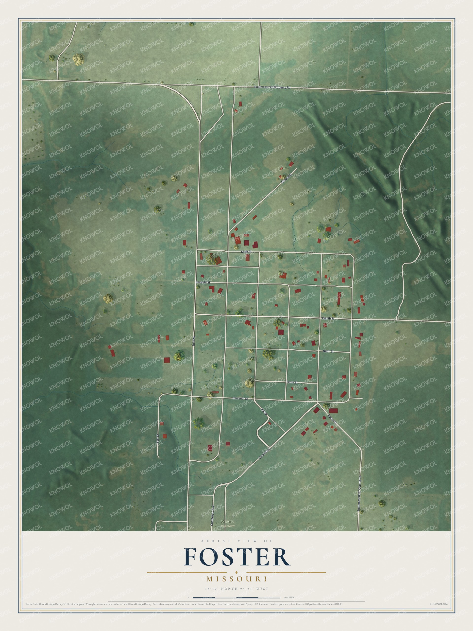 Full map of Foster, Missouri, with red buildings, printed street names and the land around them