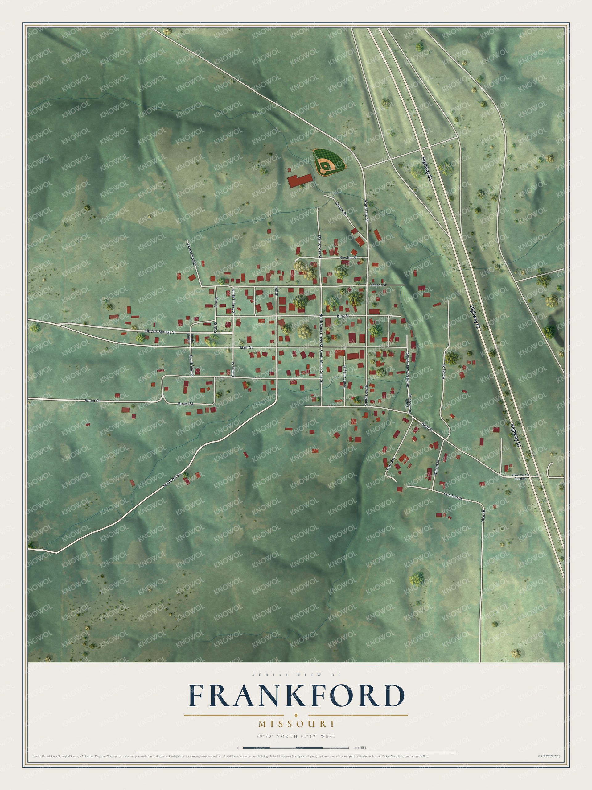Full map of Frankford, Missouri, with red buildings, printed street names and the land around them