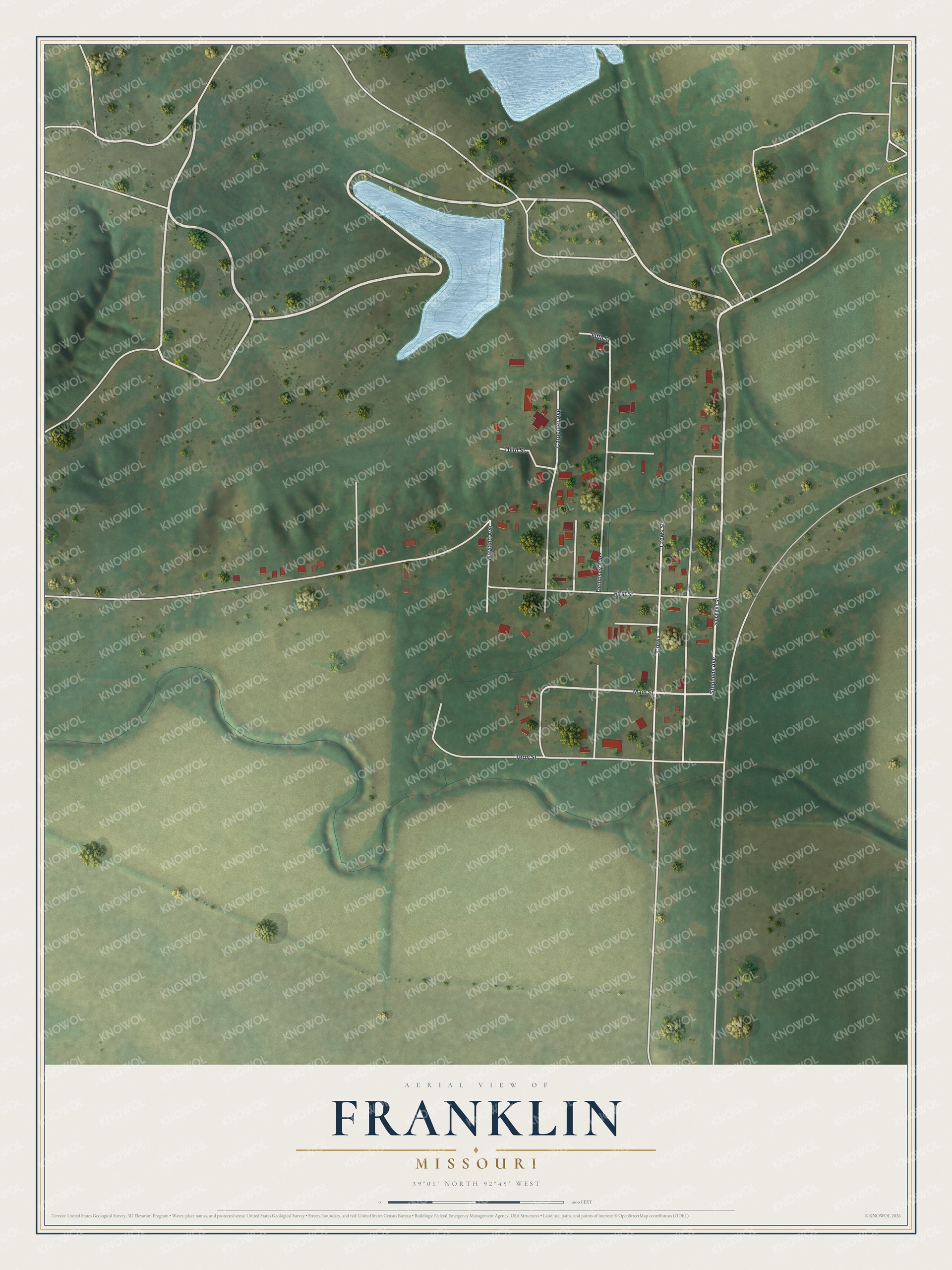 Full map of Franklin, Missouri, with red buildings, printed street names and the land around them