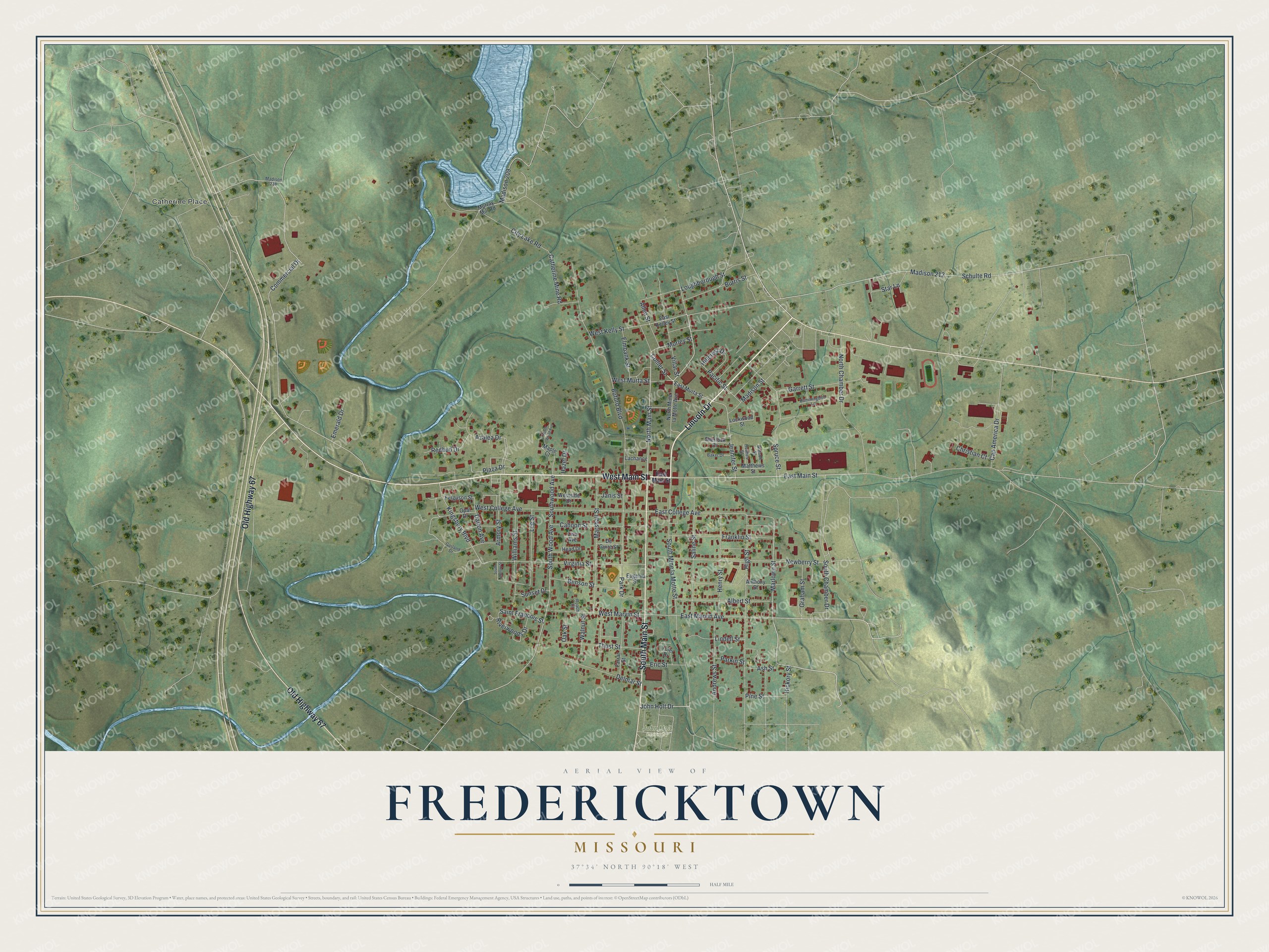 Aerial view map of Fredericktown, Missouri with red buildings, green hills, a winding creek and a blue lake at the top