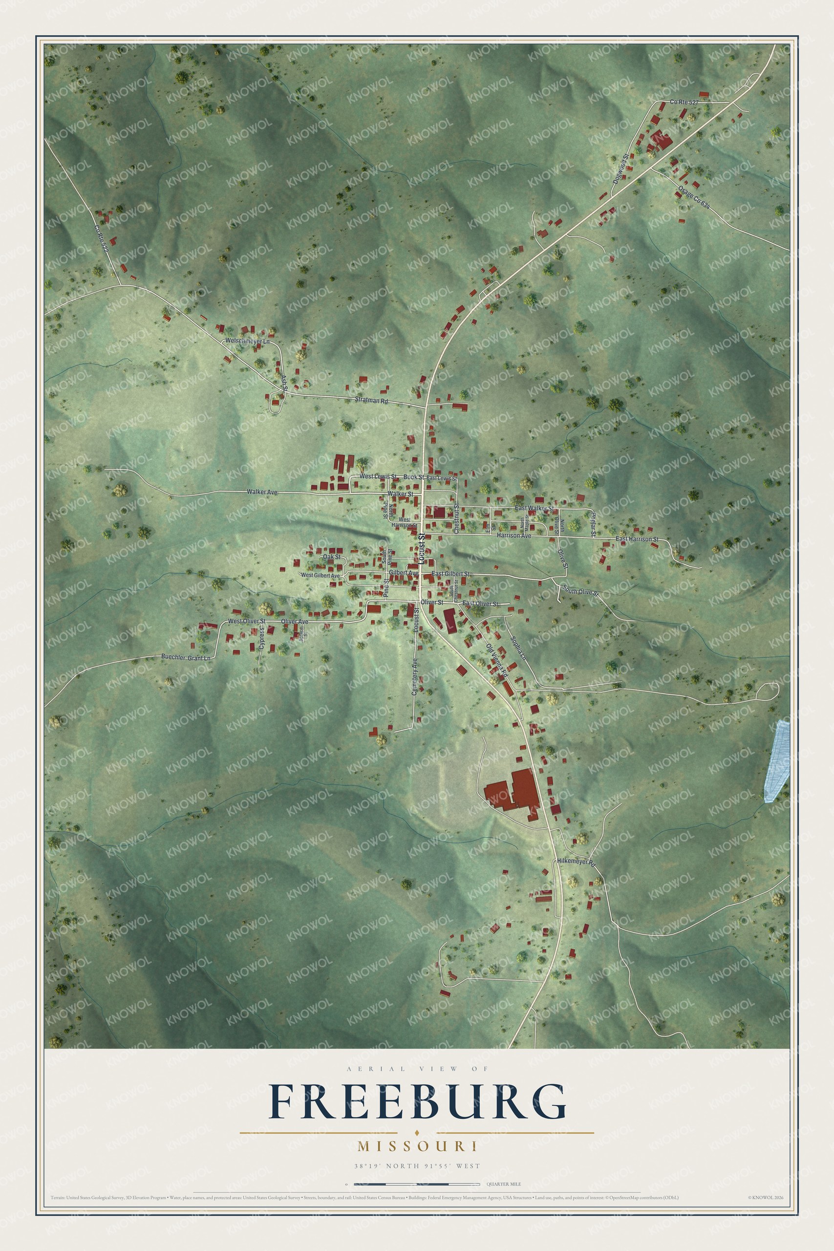 Full map of Freeburg, Missouri, with red buildings, printed street names and the land around them