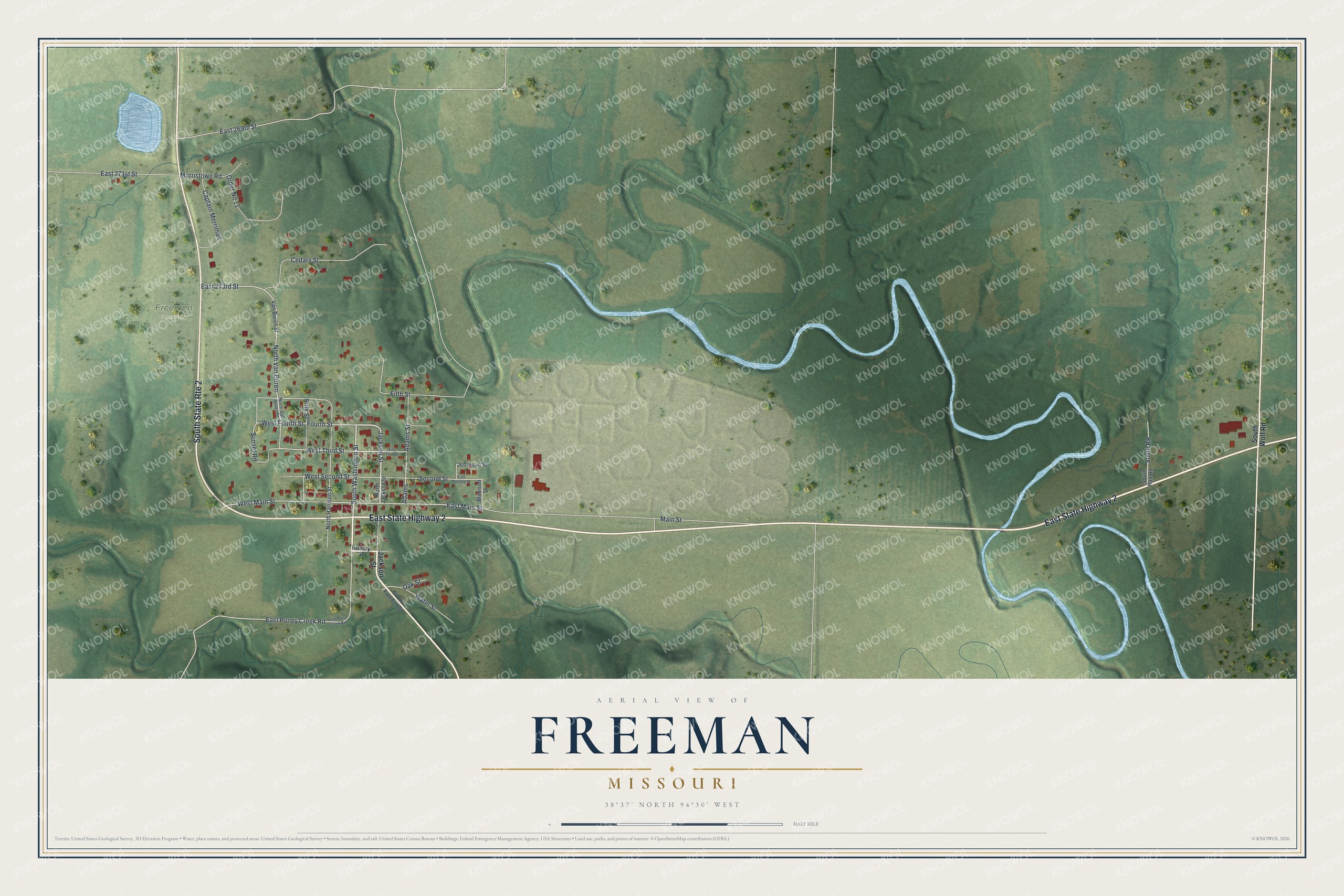 Full map of Freeman, Missouri, with red buildings, printed street names and the land around them