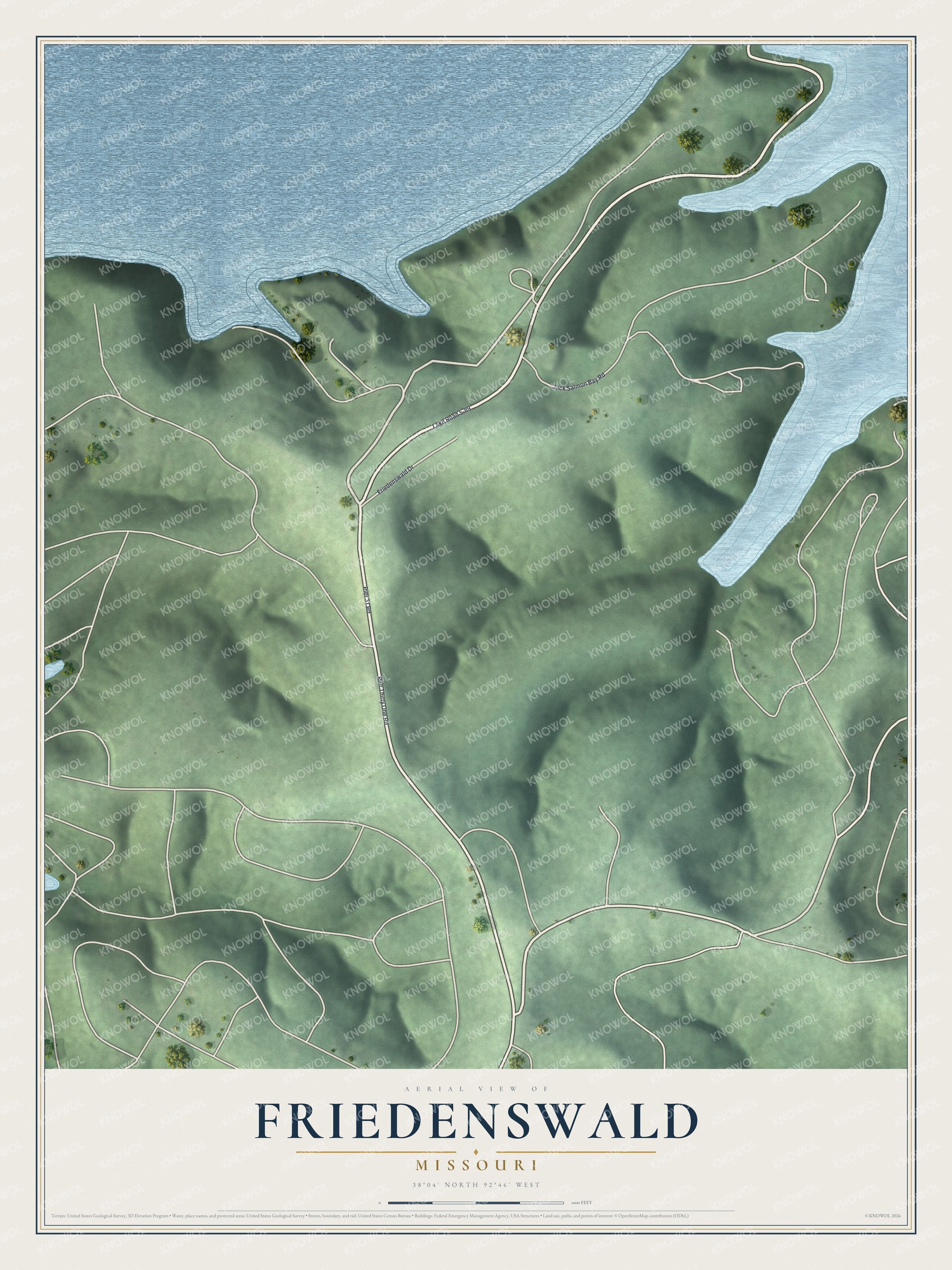 Full map of Friedenswald, Missouri, with red buildings, printed street names and the land around them