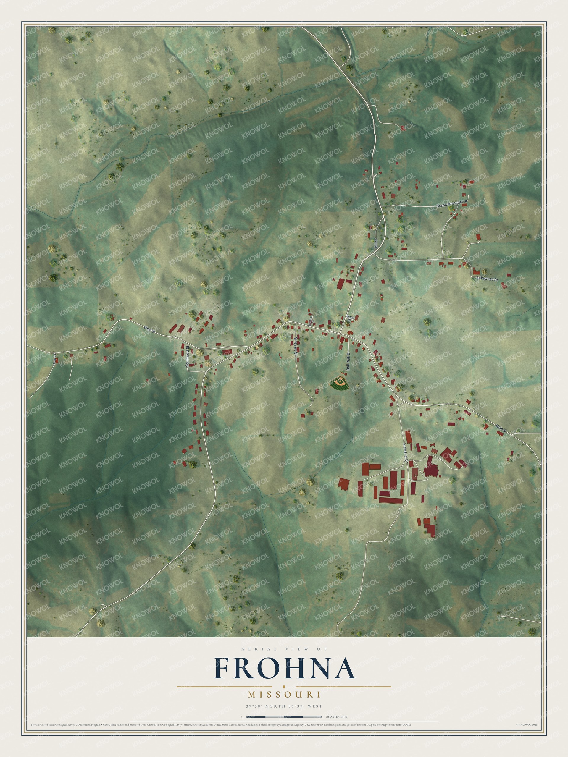 Full map of Frohna, Missouri, with red buildings, printed street names and the land around them