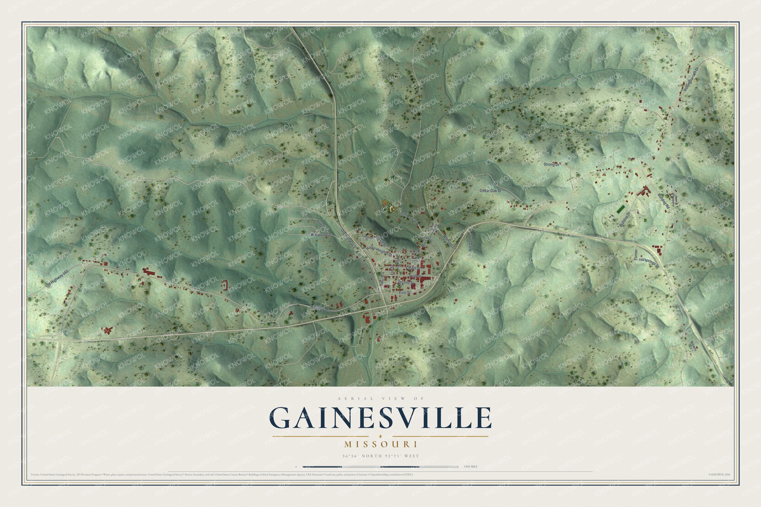 Full Gainesville, Missouri map with green shaded hills, red buildings, winding roads and a cream title panel