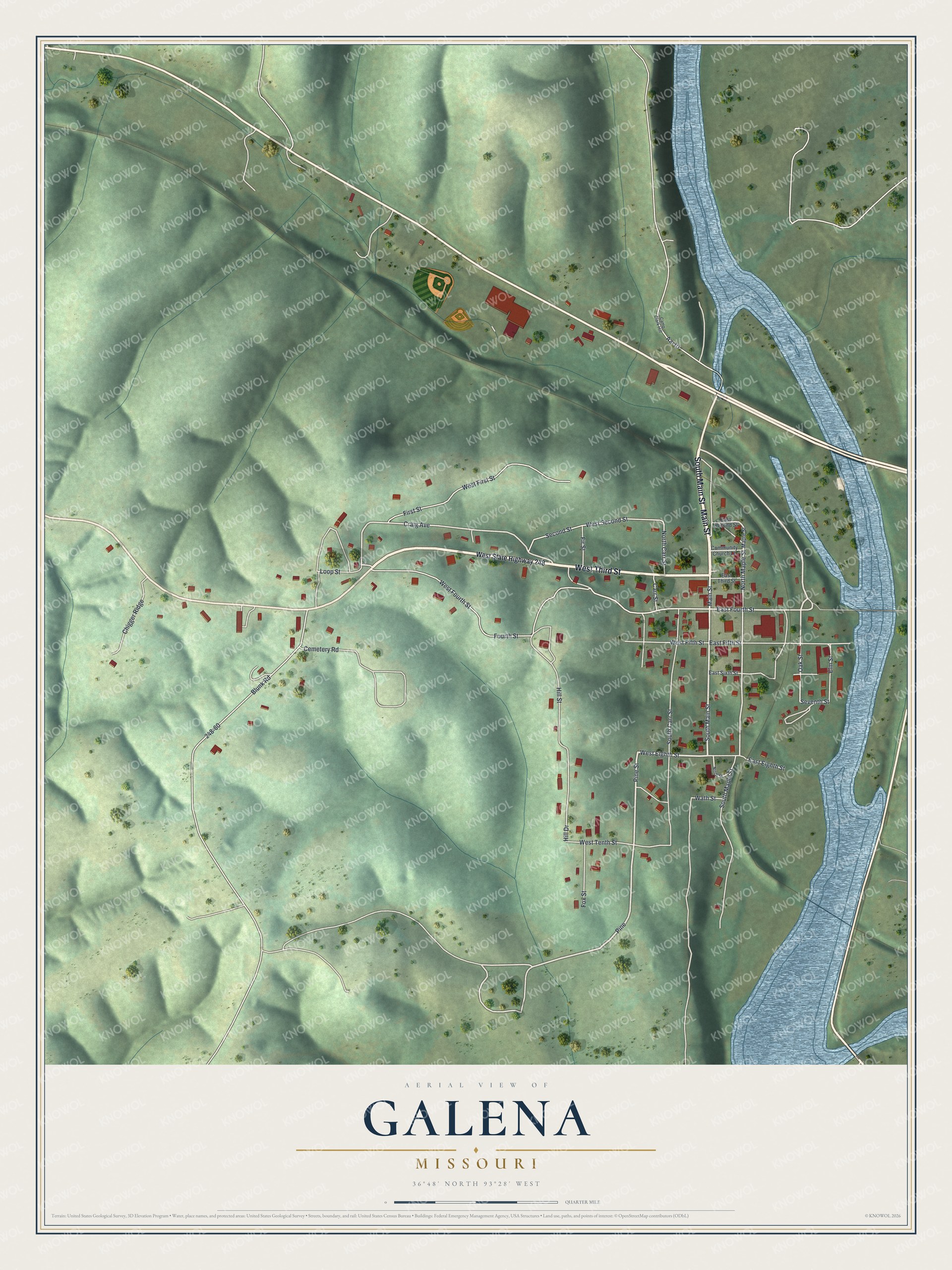 Full Galena, Missouri map with shaded green hills, a winding blue river, red buildings and a cream title panel