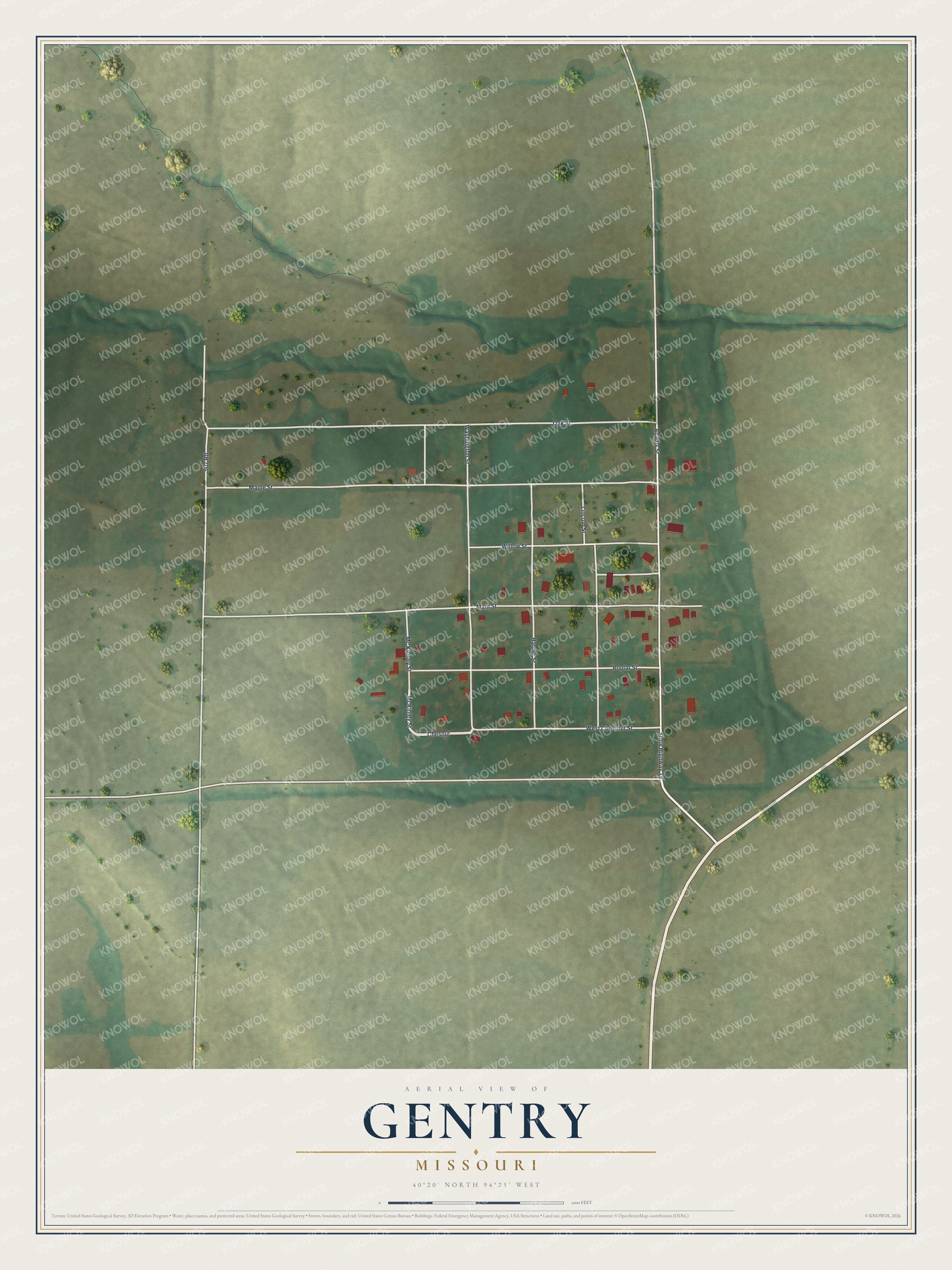 Map of Gentry, Missouri showing a small grid of streets and red buildings among green fields, with a creek to the north and Highway YY on the east