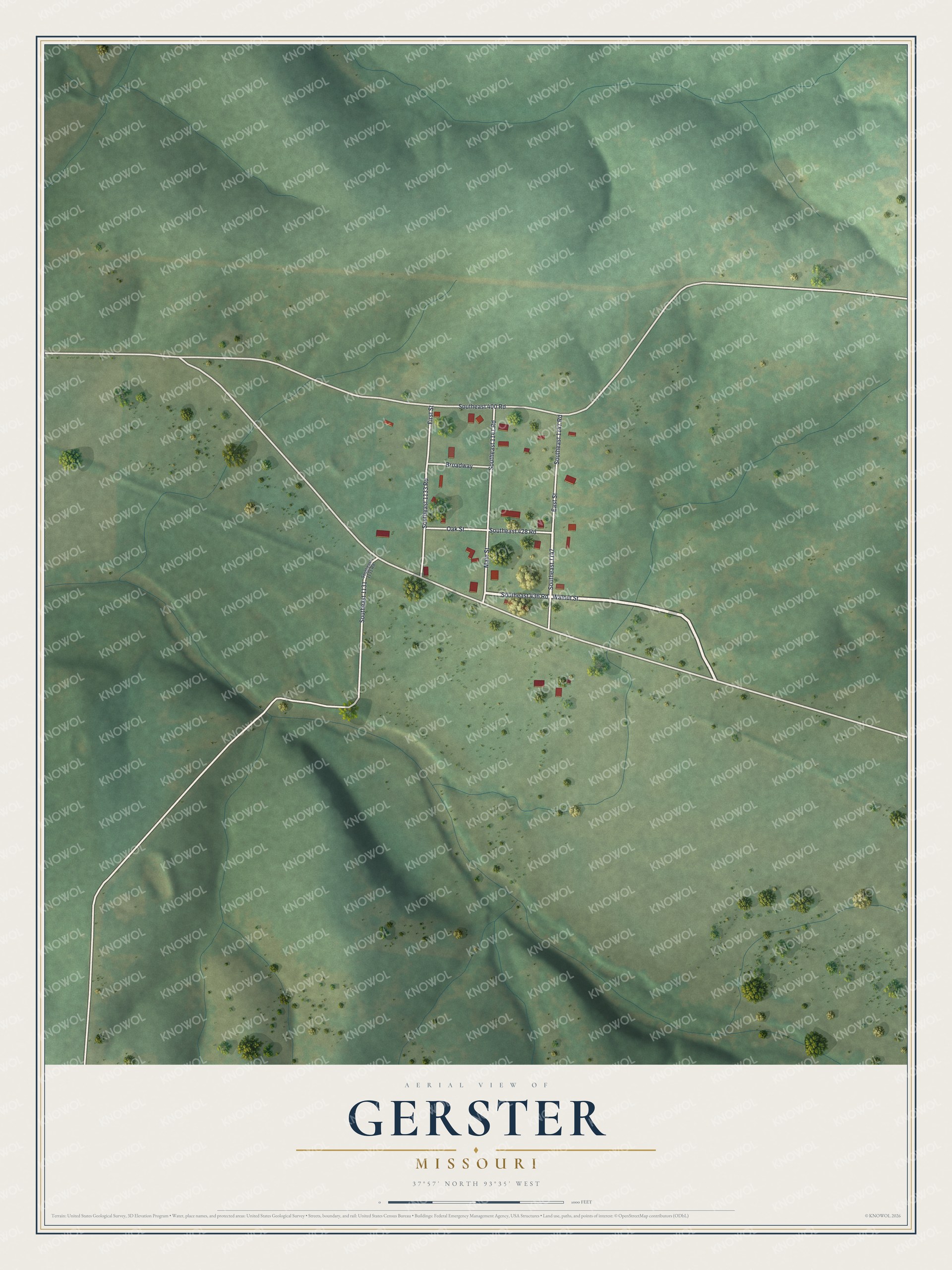 Full map of Gerster, Missouri, with red buildings, printed street names and the land around them