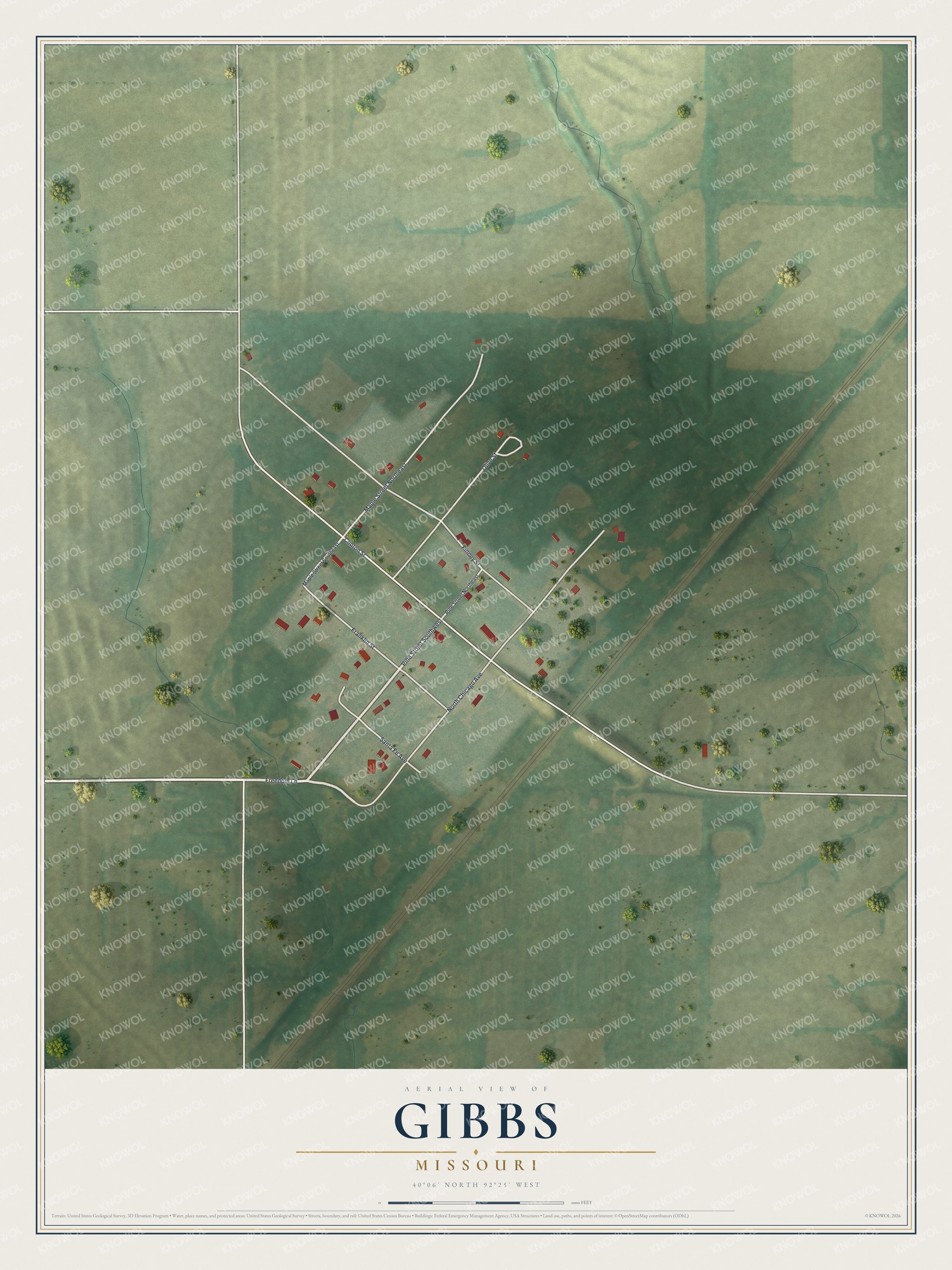 Full map of Gibbs, Missouri, with red buildings, printed street names and the land around them