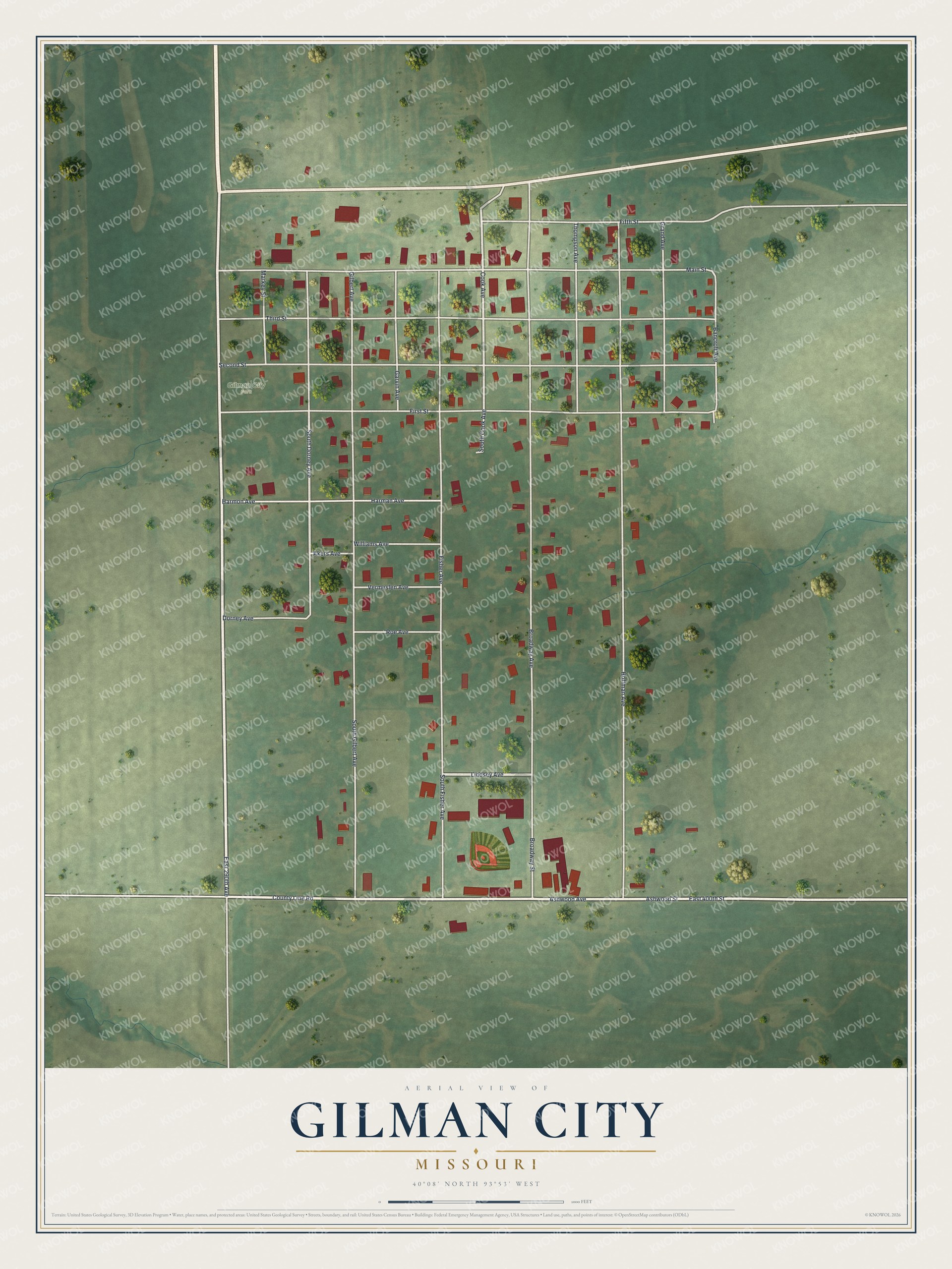 Full map of Gilman City, Missouri, with red buildings, printed street names and the land around them