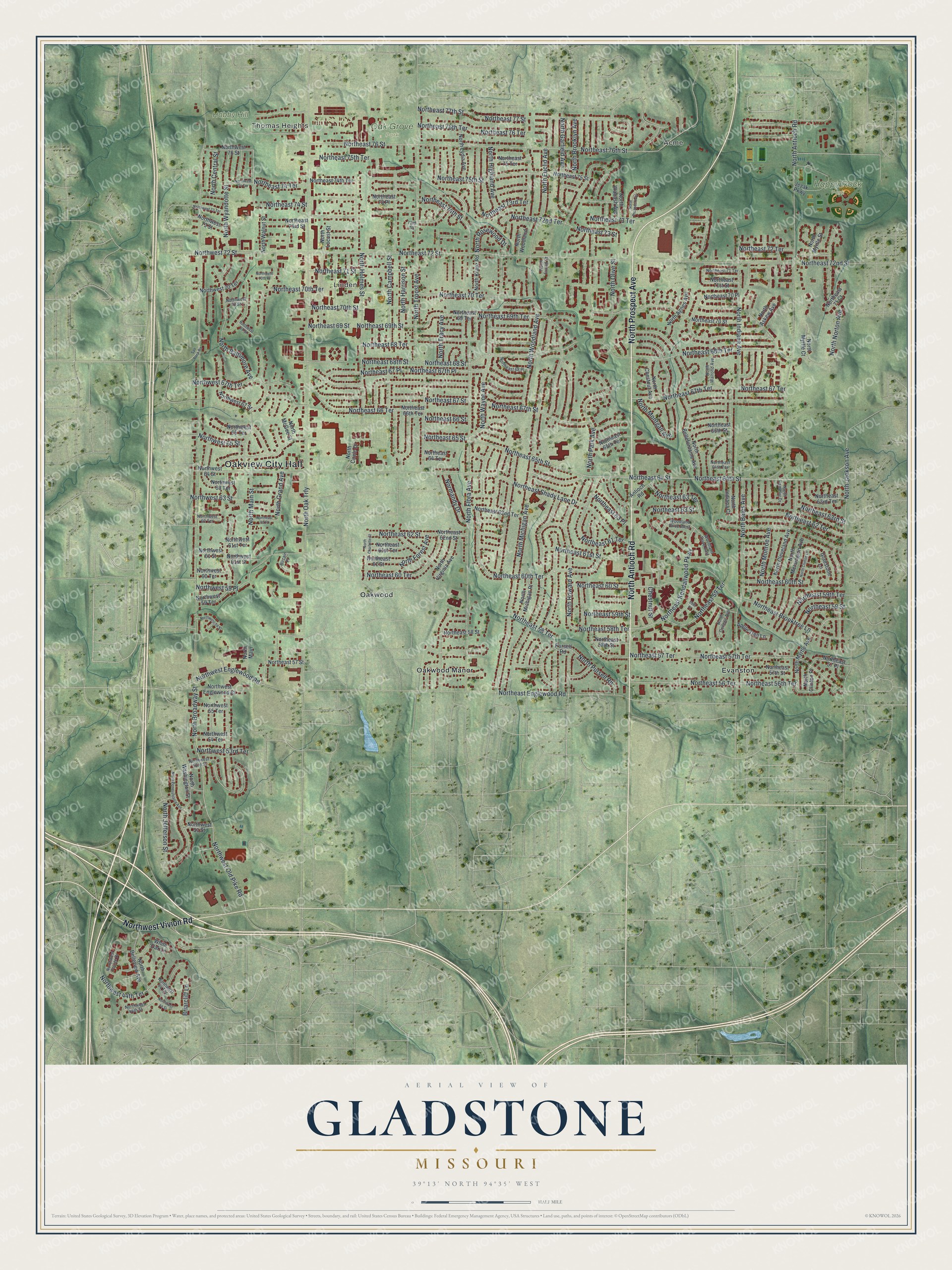 Full map of Gladstone, Missouri, with red buildings, printed street names and the land around them