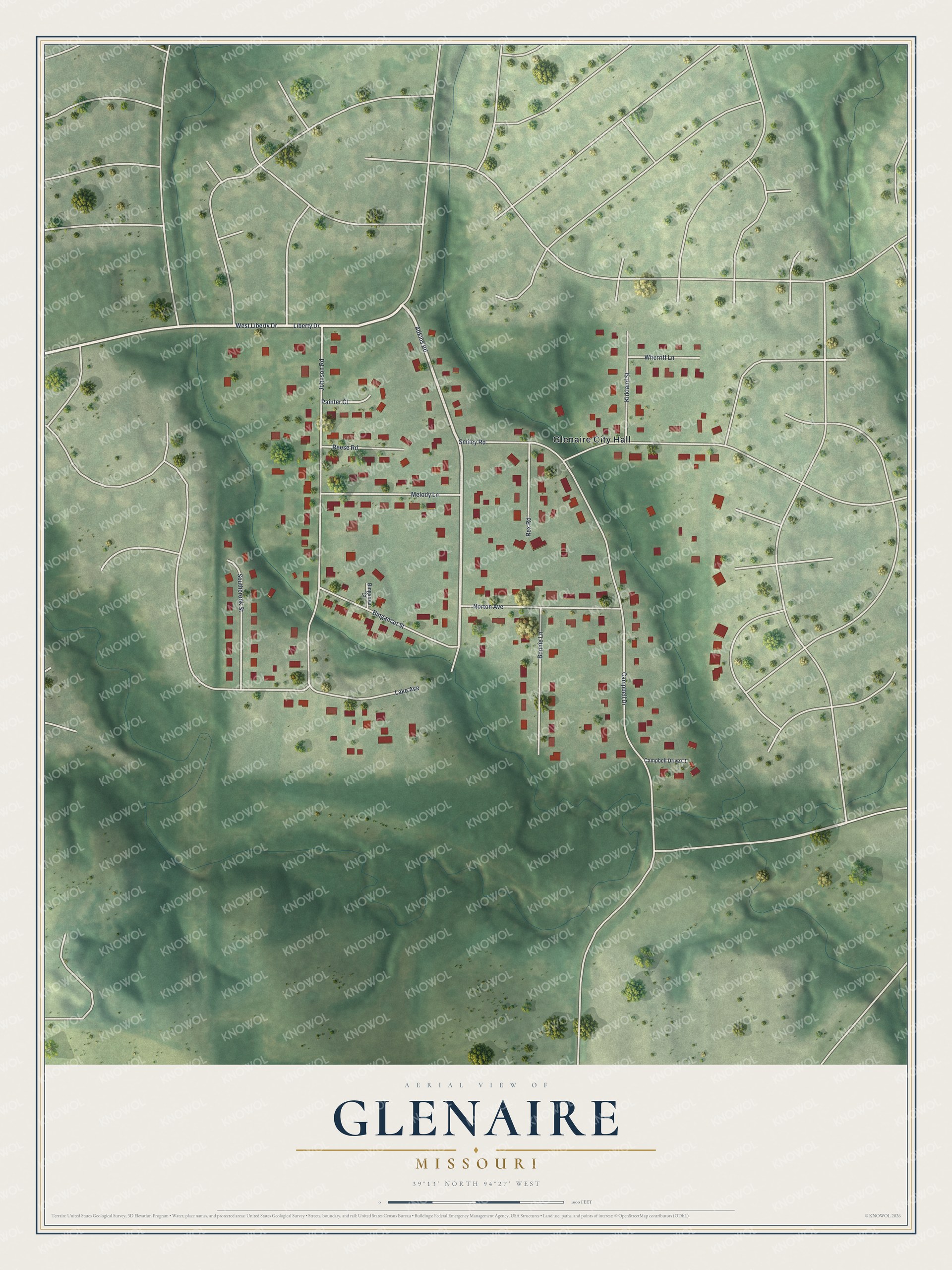 Full map of Glenaire, Missouri, with red buildings, printed street names and the land around them