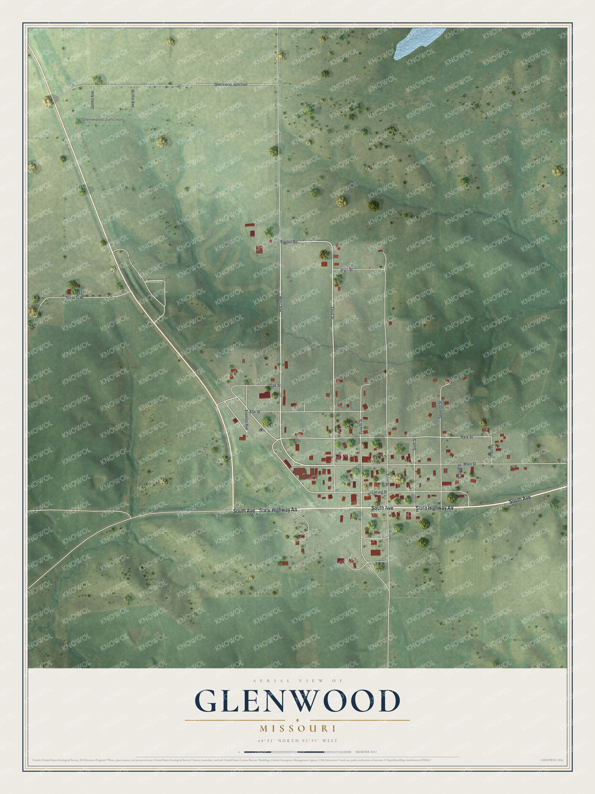 Aerial-style map of Glenwood, Missouri, with green hills, winding creeks and red buildings along a grid of village streets