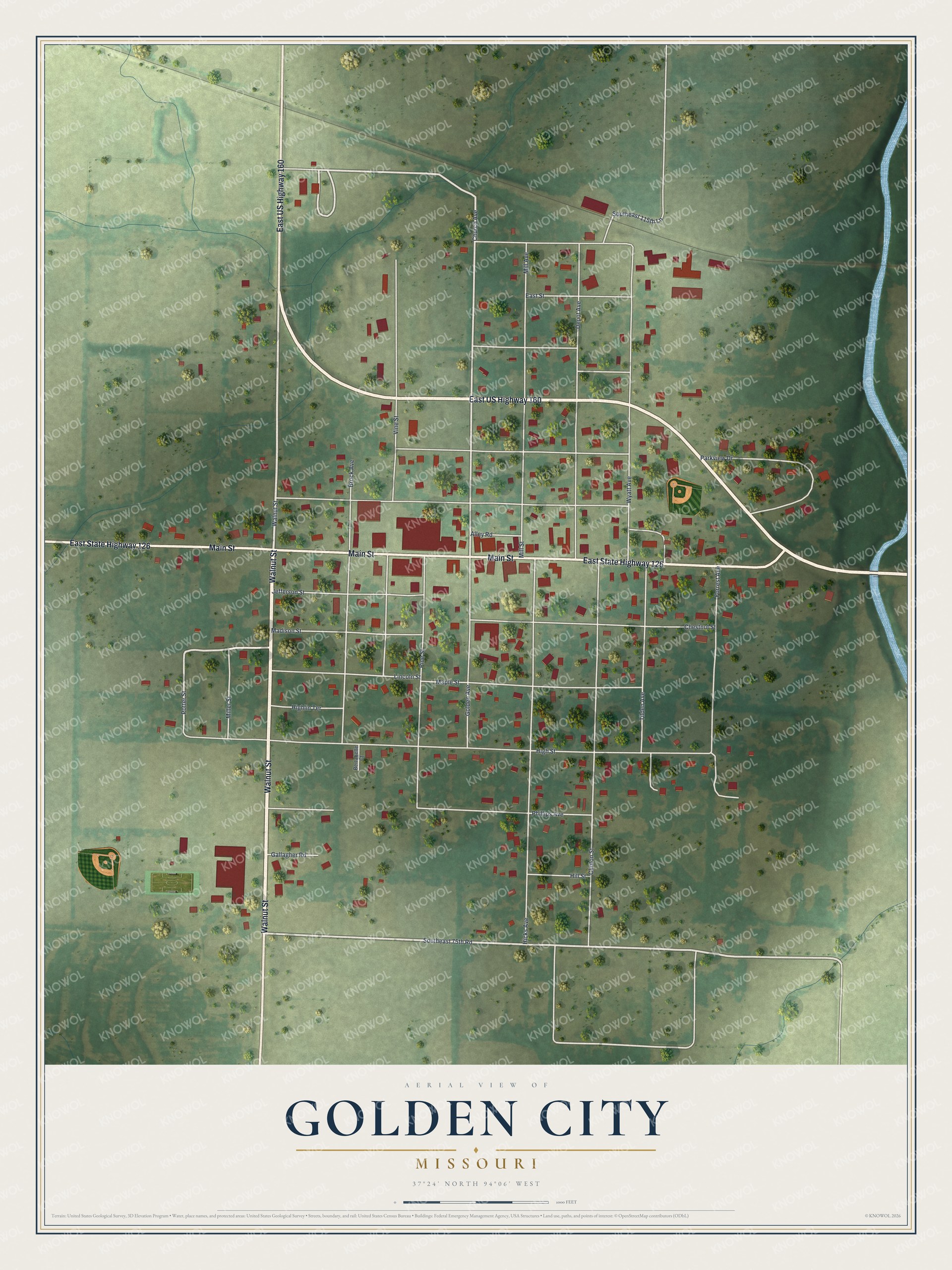 Full map of Golden City, Missouri, with red buildings, printed street names and the land around them