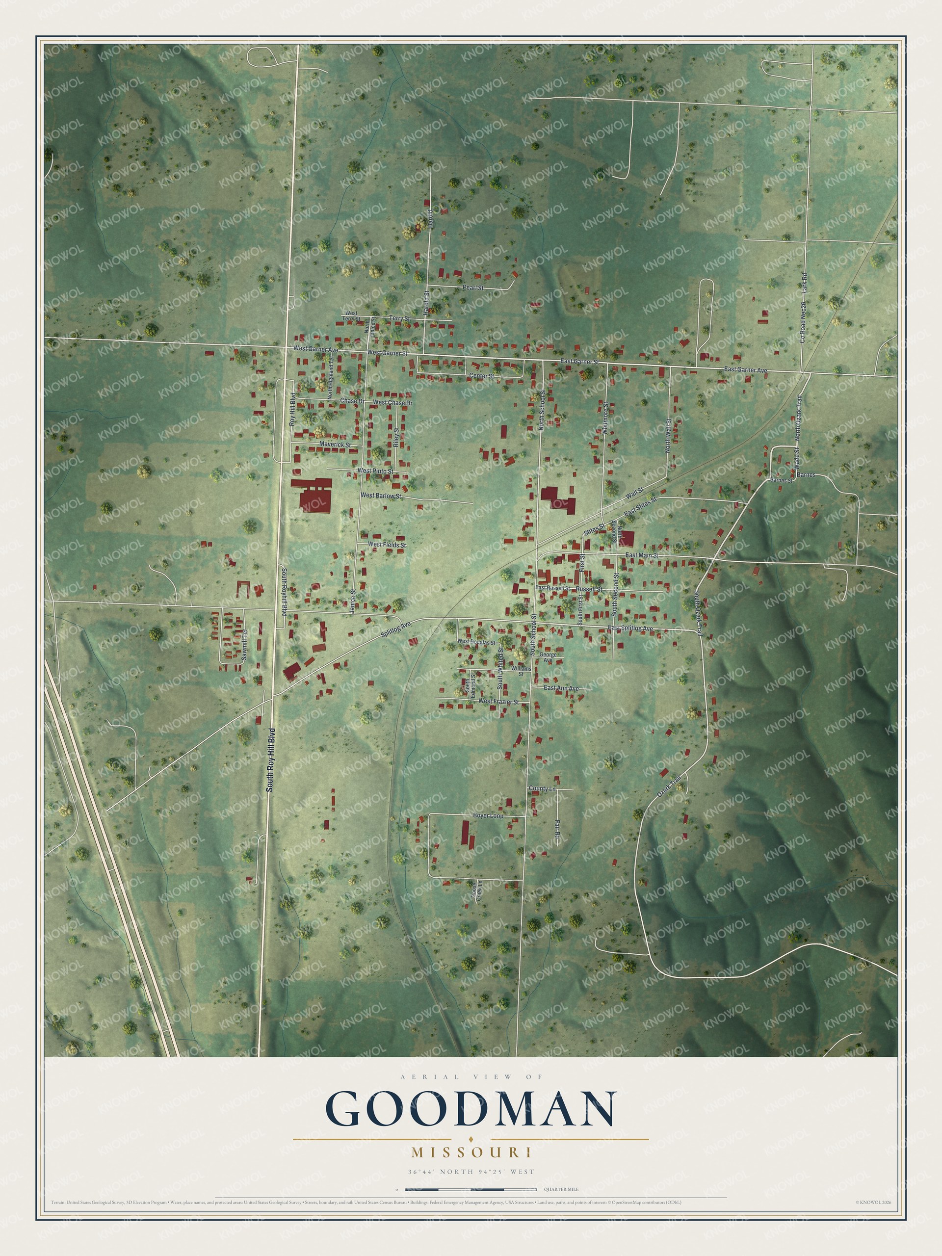 Full map of Goodman, Missouri, with red buildings, printed street names and the land around them