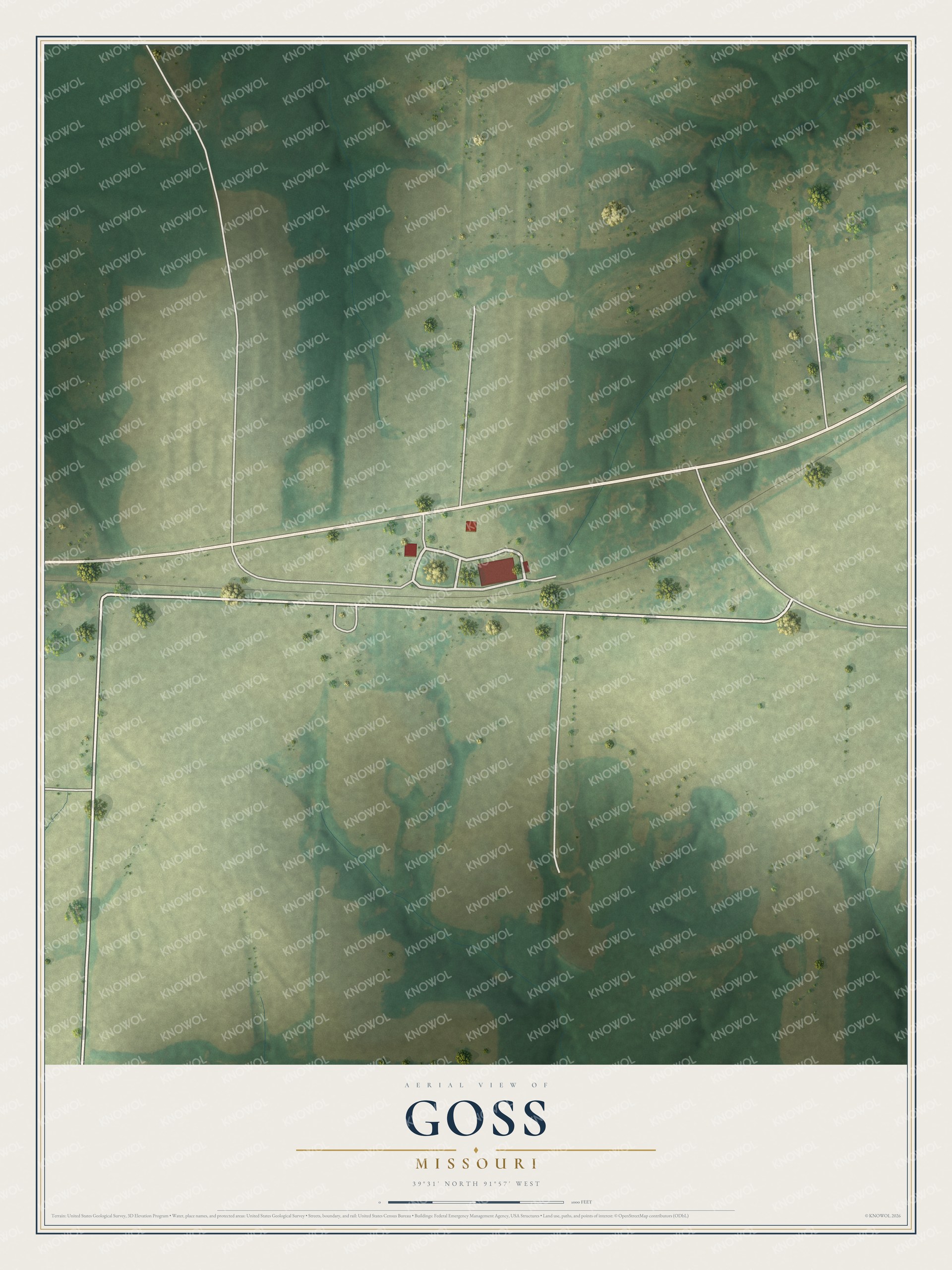 Full map of Goss, Missouri, with red buildings, printed street names and the land around them
