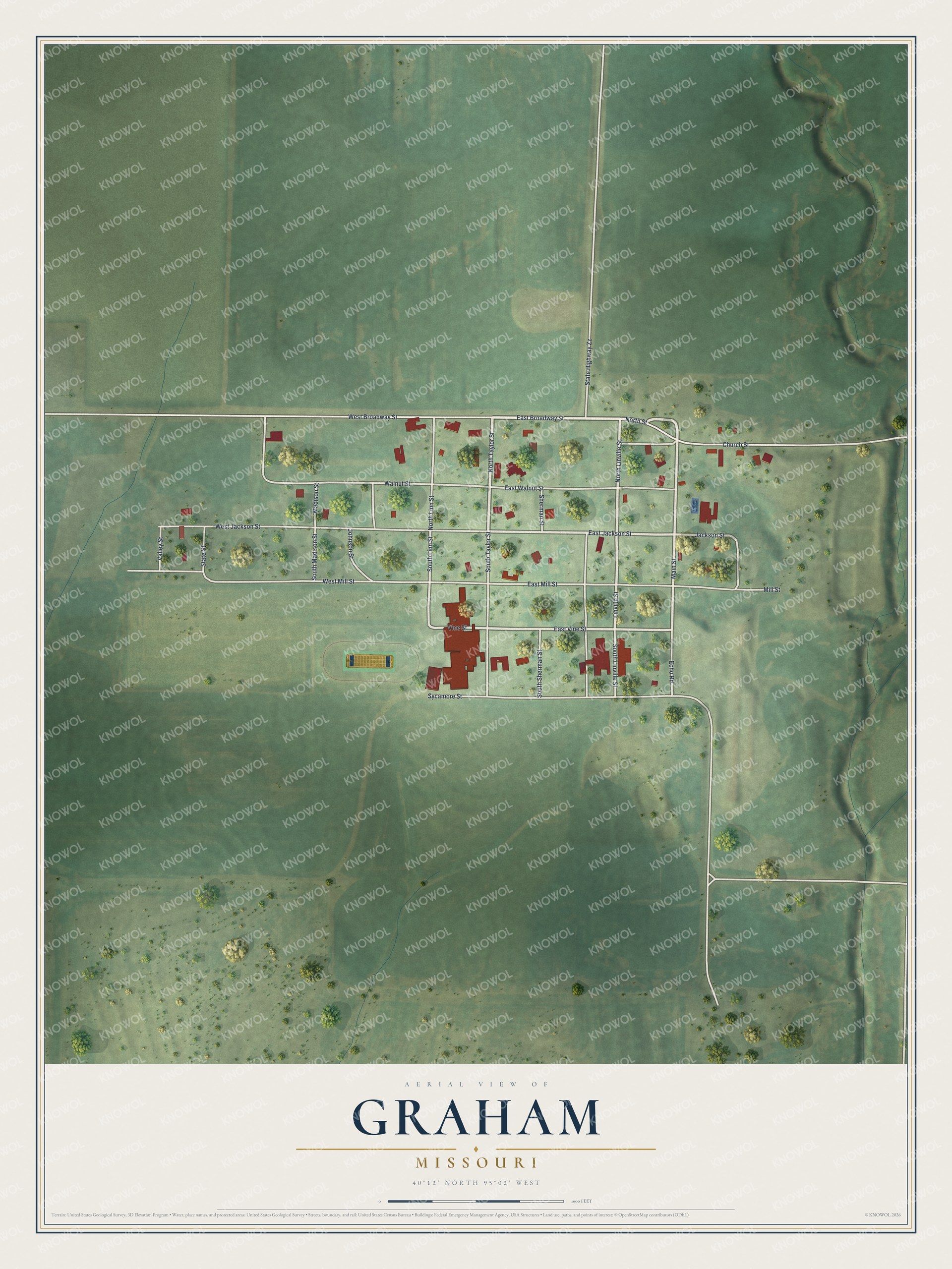 Aerial style map of Graham, Missouri, with a small street grid, red buildings and green farm fields, a winding creek on the right and a title panel below