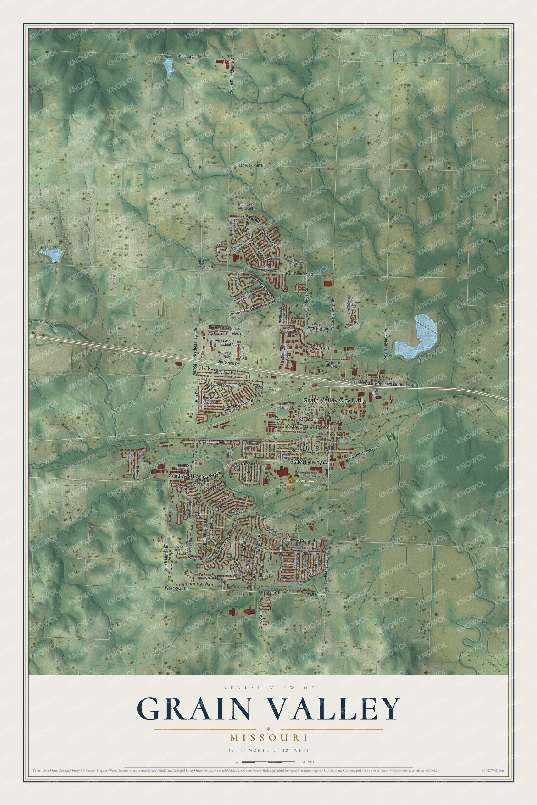 Watermarked full-map preview of Grain Valley, Missouri
