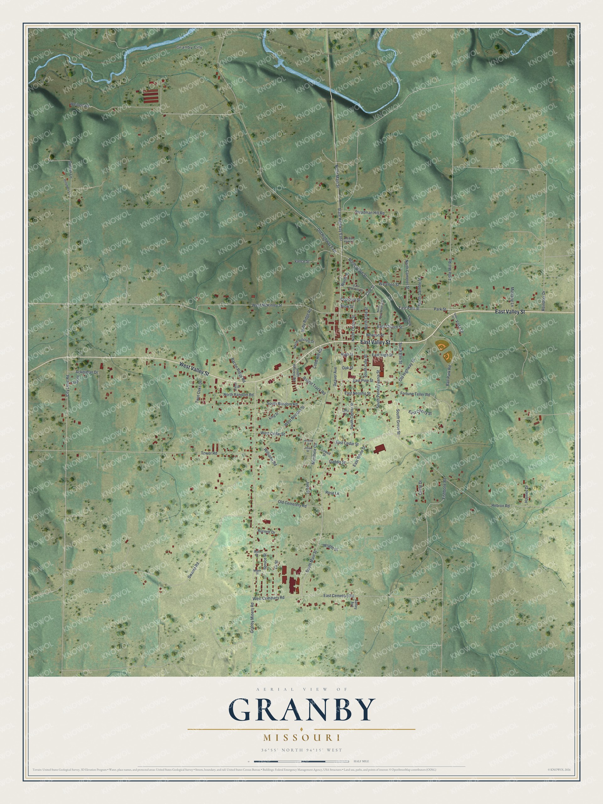 Full map of Granby, Missouri, with red buildings, printed street names and the land around them