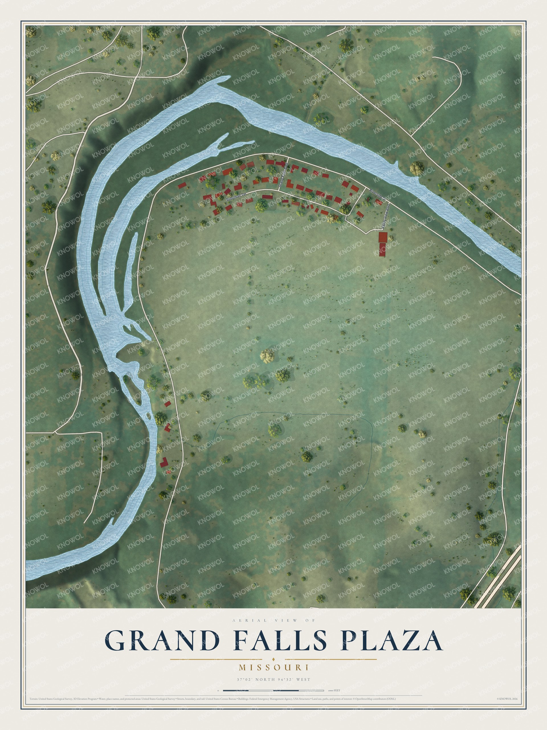 Full map of Grand Falls Plaza, Missouri, with red buildings, printed street names and the land around them