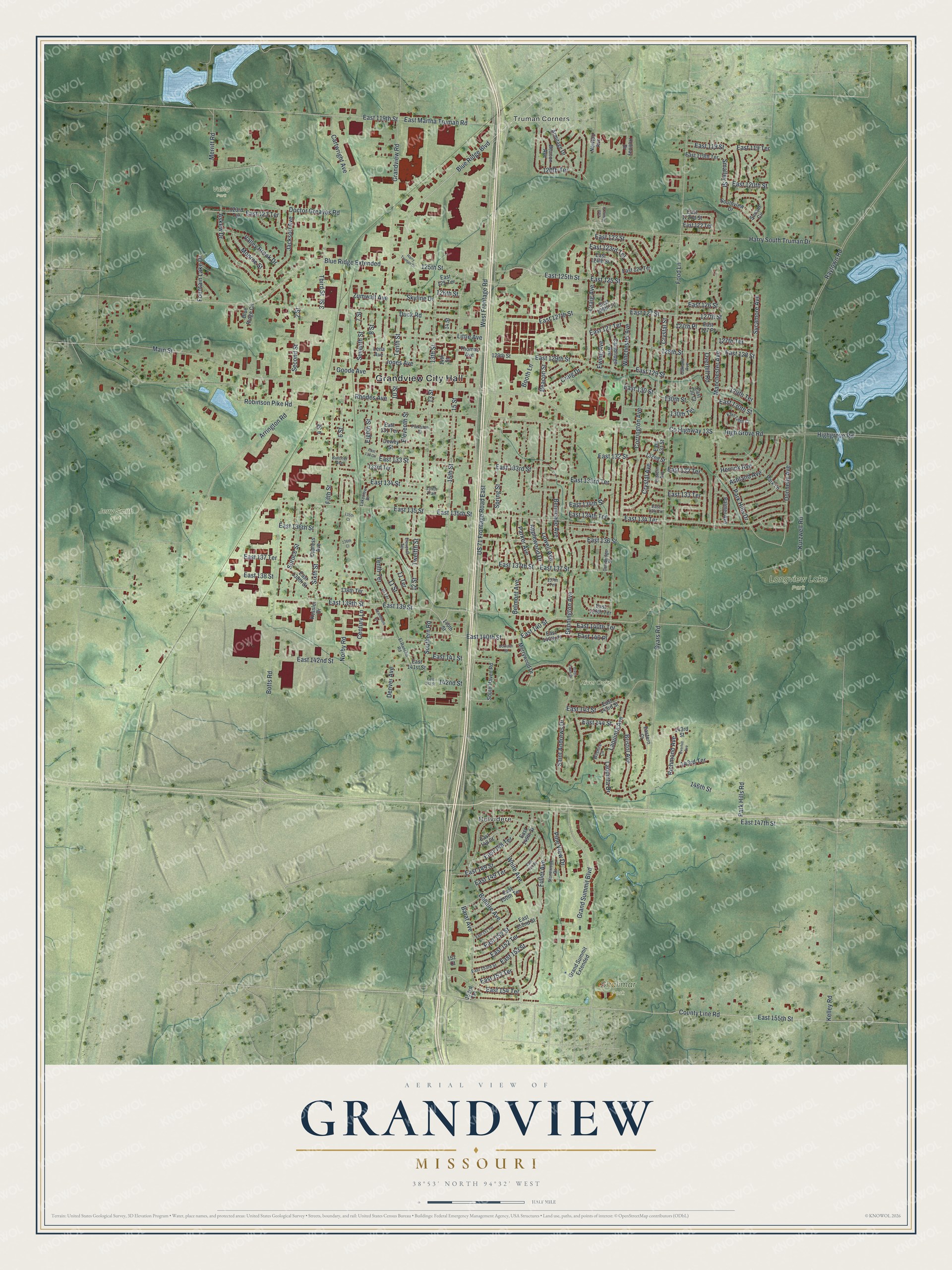 Full map of Grandview, Missouri, with red buildings, printed street names and the land around them