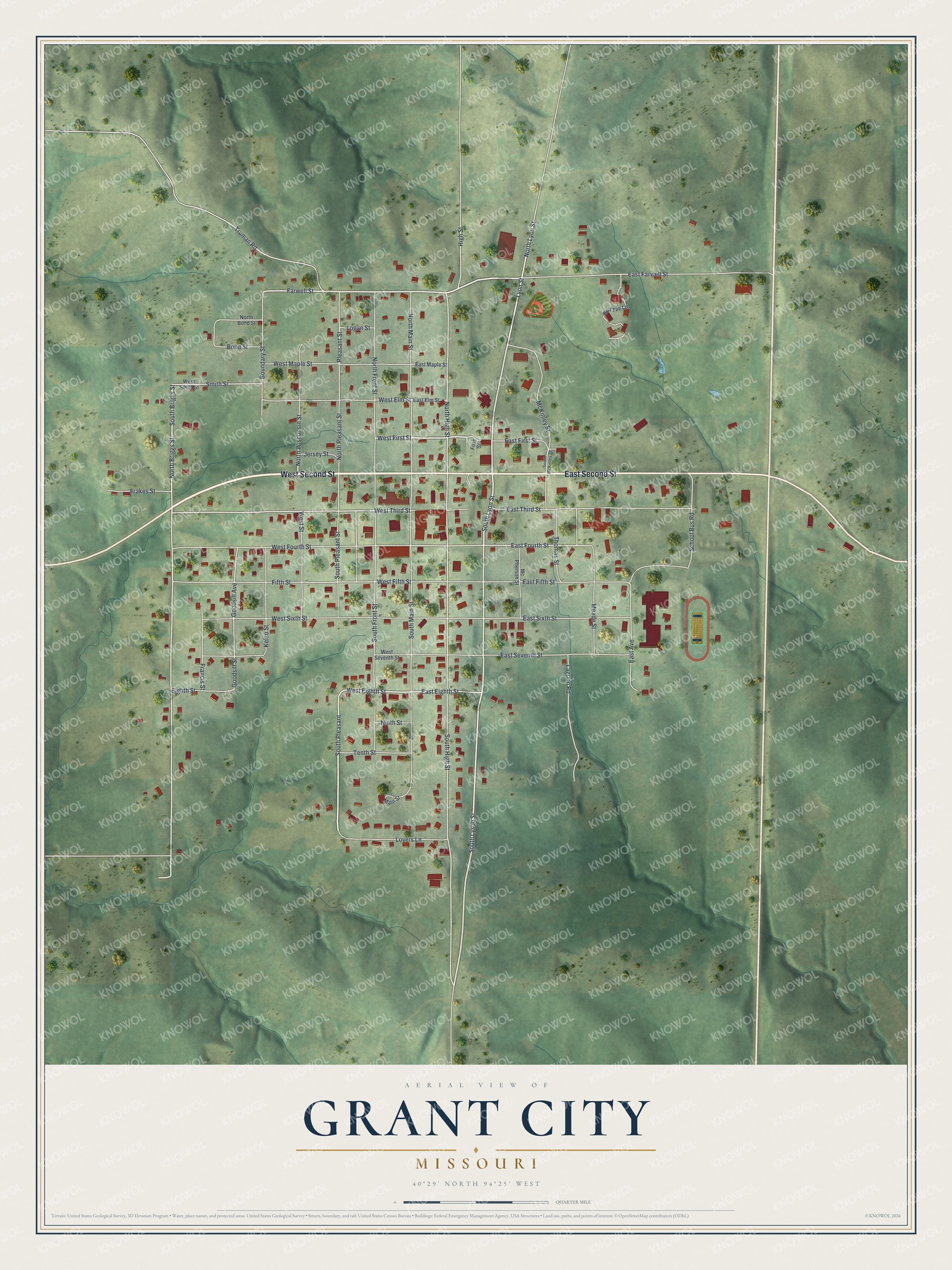 Full map of Grant City, Missouri, with red buildings, printed street names and the land around them