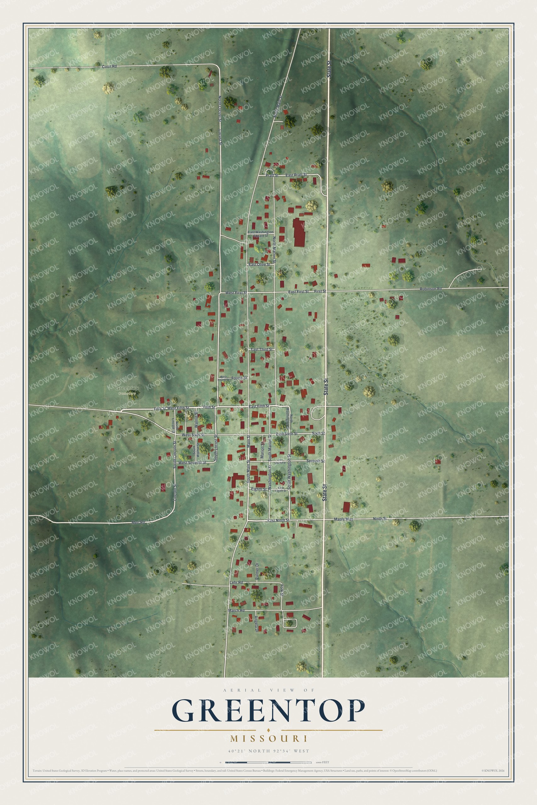 Full map of Greentop, Missouri, with red buildings, printed street names and the land around them