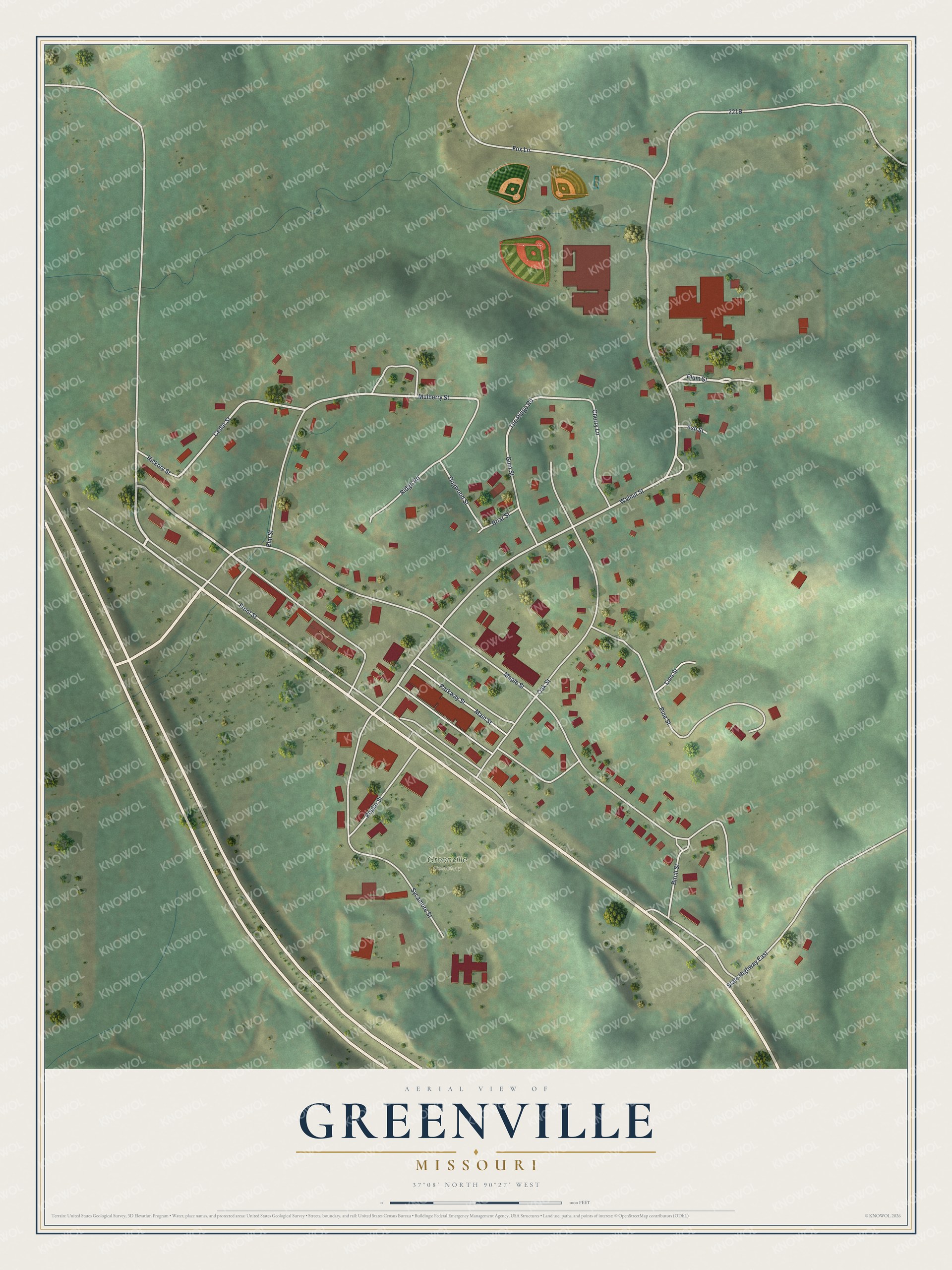 Full map of Greenville, Missouri, with red buildings, printed street names and the land around them