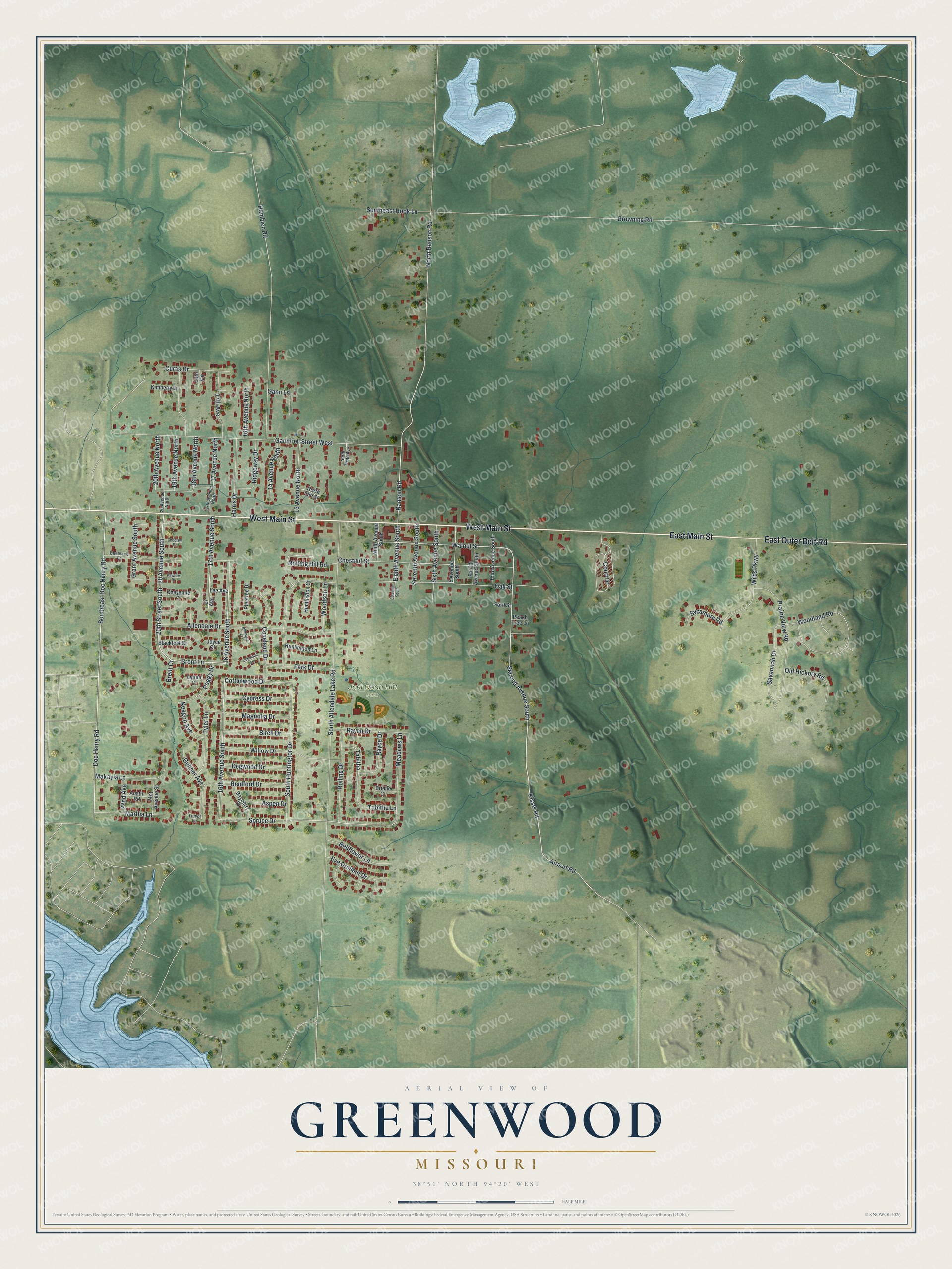 Full map of Greenwood, Missouri, with red buildings, printed street names and the land around them