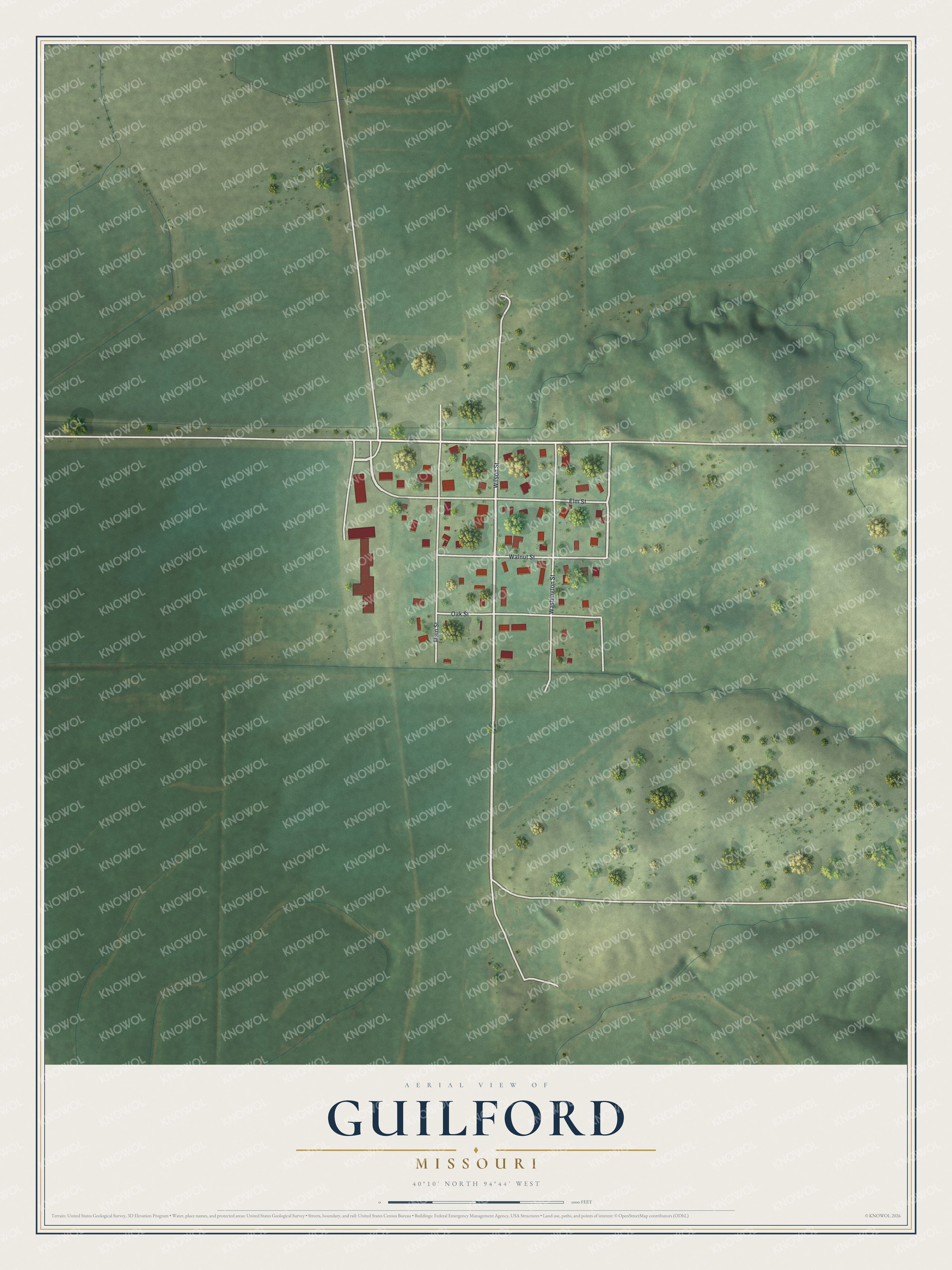 Full map of Guilford, Missouri, with red buildings, printed street names and the land around them
