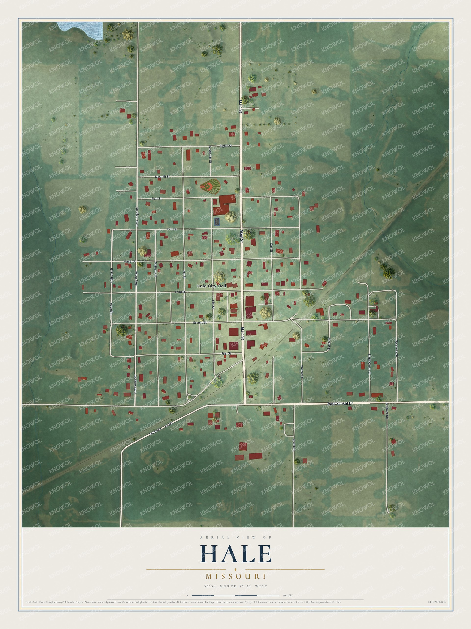 Full map of Hale, Missouri, with red buildings, printed street names and the land around them
