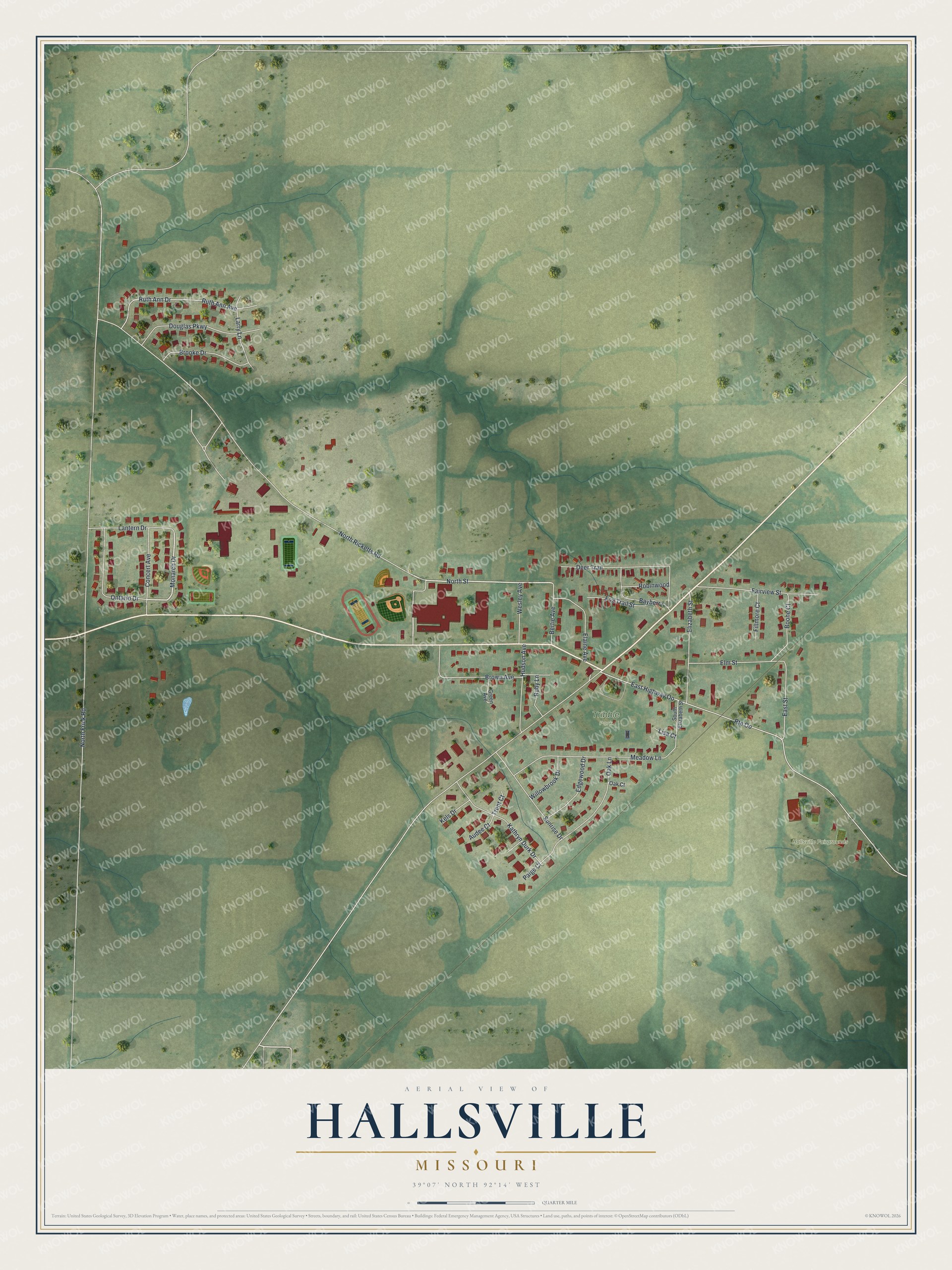 Aerial view map of Hallsville, Missouri with red buildings, green farm fields and creek valleys