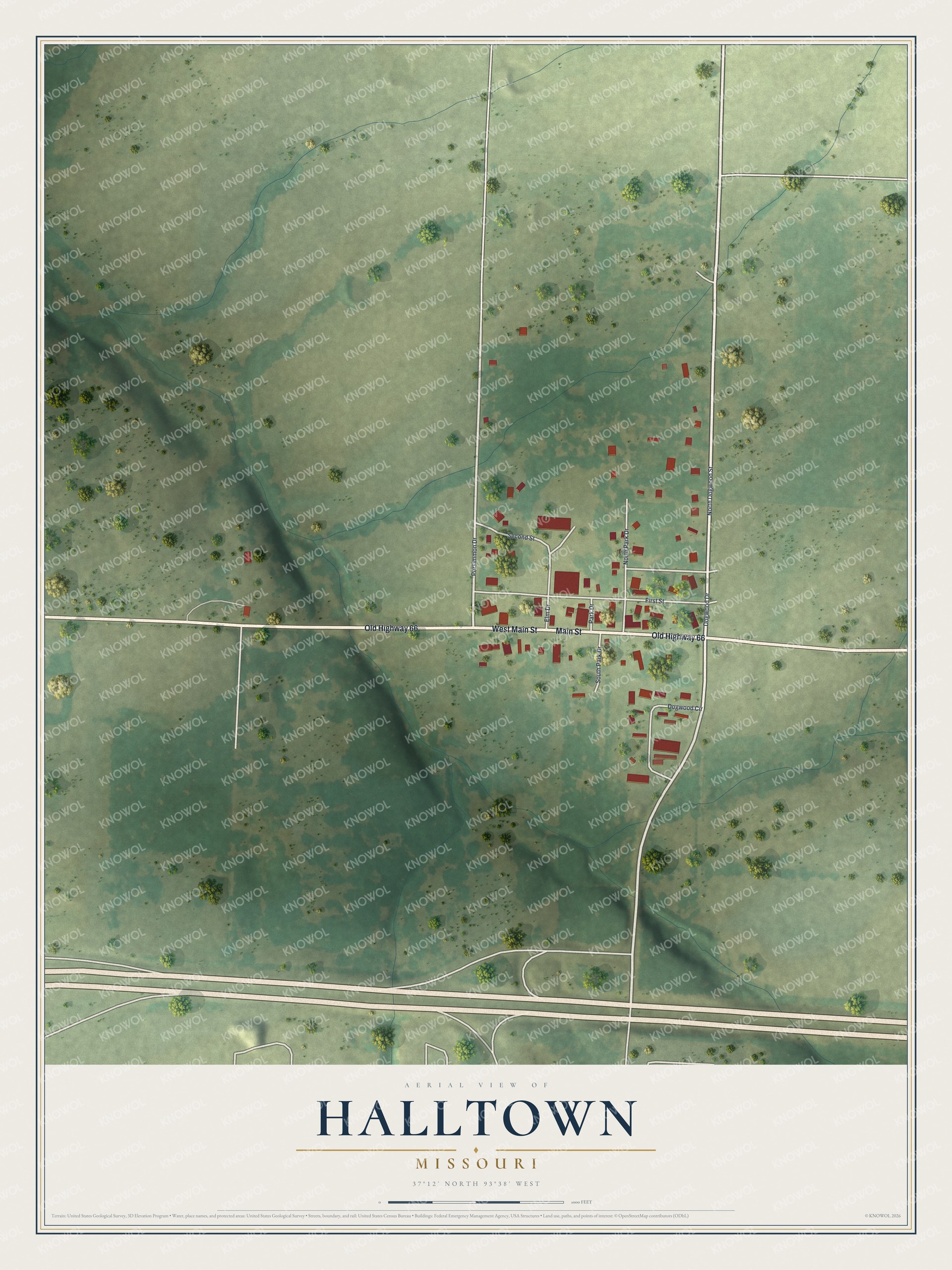 Full map of Halltown, Missouri, with red buildings, printed street names and the land around them